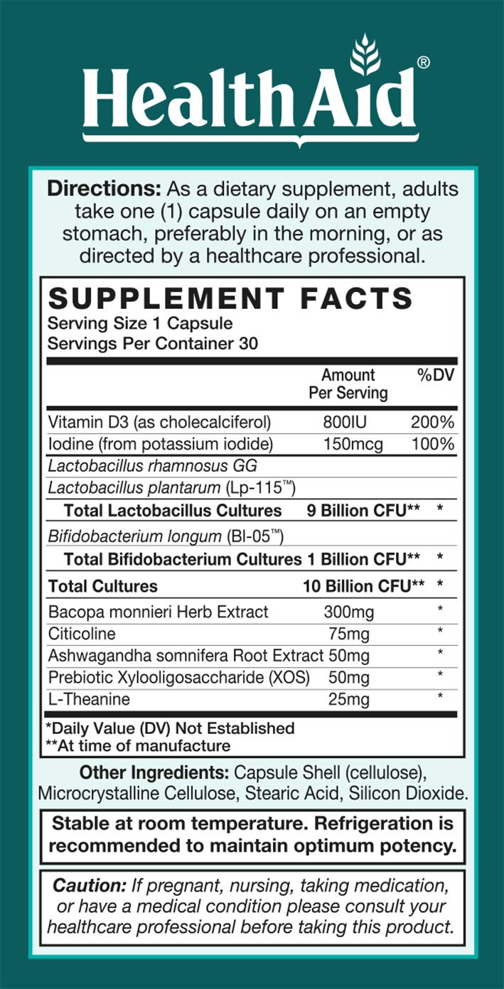 FocusProbio for Adults – 10 Billion CFU Probiotic with Prebiotic, Bacopa, Citicoline, L‑Theanine, Ashwagandha & Vitamin D₃ | Supports Focus, Mood & Gut-Brain Balance – Vegetarian, Once Daily - Maple Wellness Supplements
