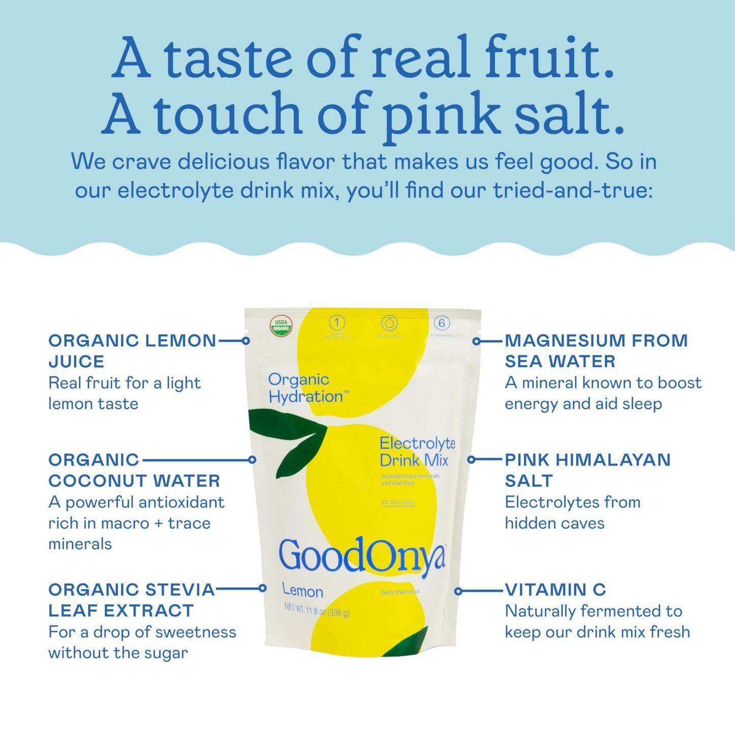 GOODONYA Organic Hydration Electrolyte Drink Mix, Certified Organic Hydration Powder, Non-GMO, Biochecked Glyphosate Free, Low Sugar, Lemonade Flavor, - Maple Wellness Supplements