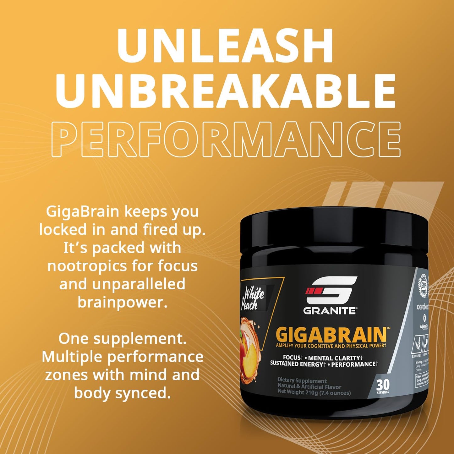 Granite Nutrition GigaBrain Nootropic Energy Powder – Cereboost, Alpha-GPC & ElevATP – Cognitive Focus Supplement for Sustained Energy & Performance – White Peach, 30 Servings - Maple Wellness Supplements