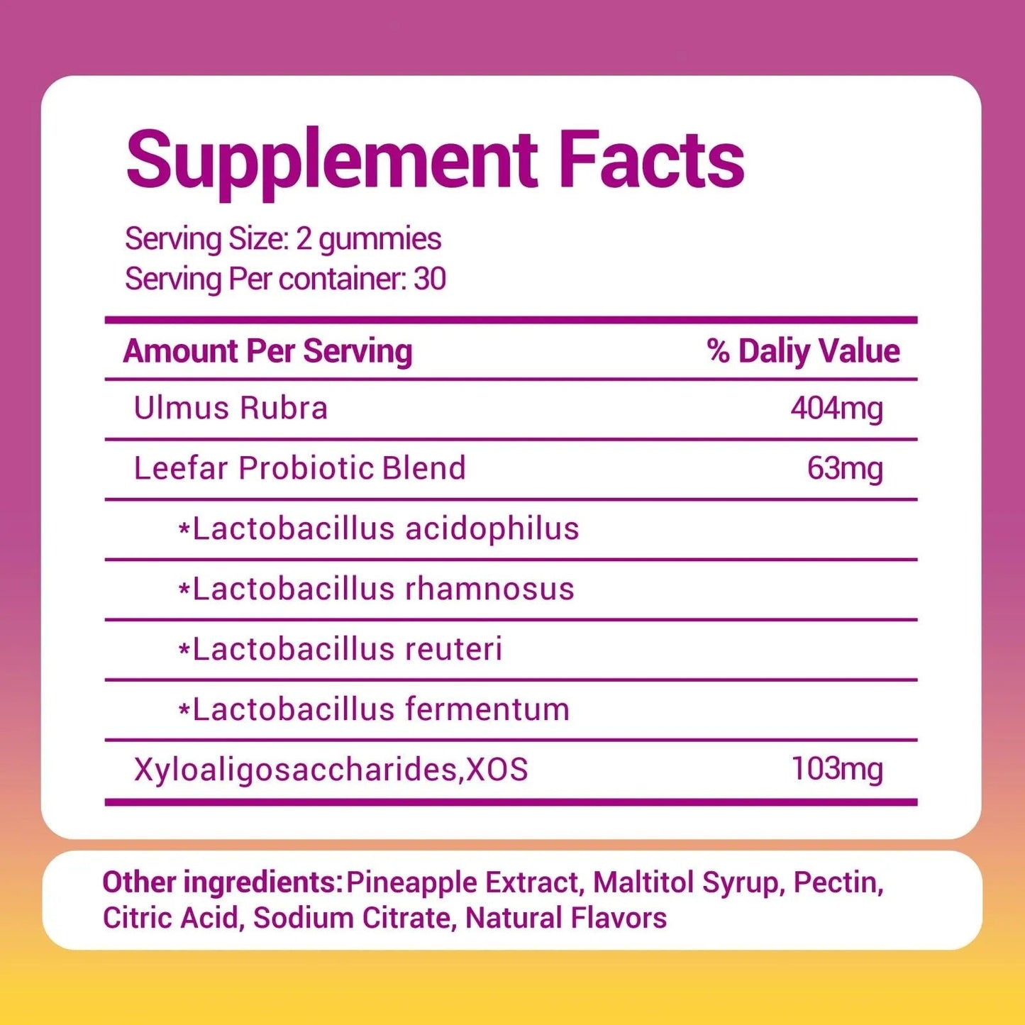 Her Juicy Women's Probiotic Gummies: Supports Women’s Wellness & pH Balance, Clean Vegan, Pineapple Flavor, Prebiotics & Lactobacillus Blend, with Slippery Elm, Gut Health & Immune Defense, 60 Gummies - Maple Wellness Supplements