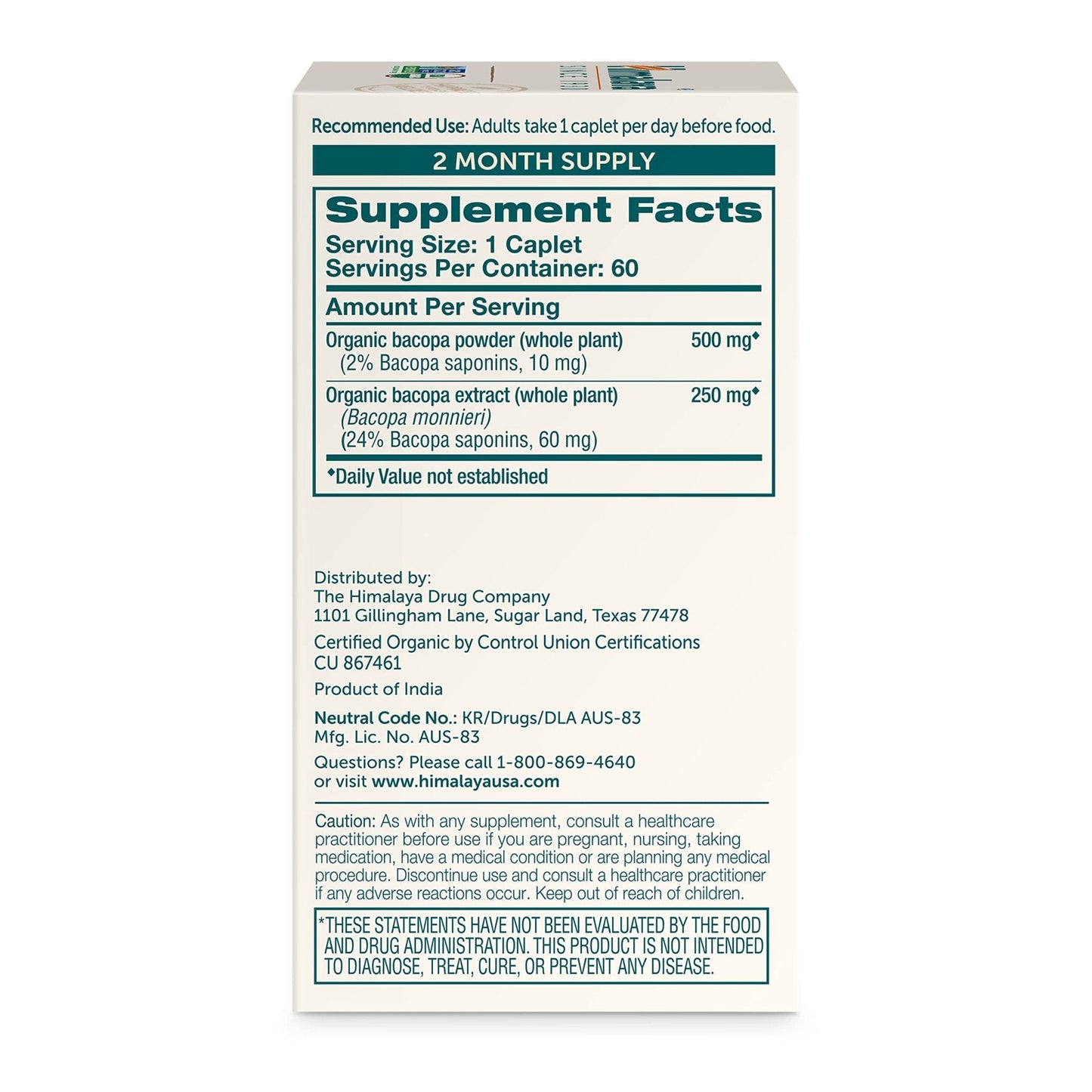 Himalaya Bacopa Monnieri Nootropic Herbal Supplement, Supports Calm, Memory, Cognition, USDA Certified Organic, Non-GMO, 750 mg, 60 Plant-Based Caplets, 60 Day Supply - Maple Wellness Supplements