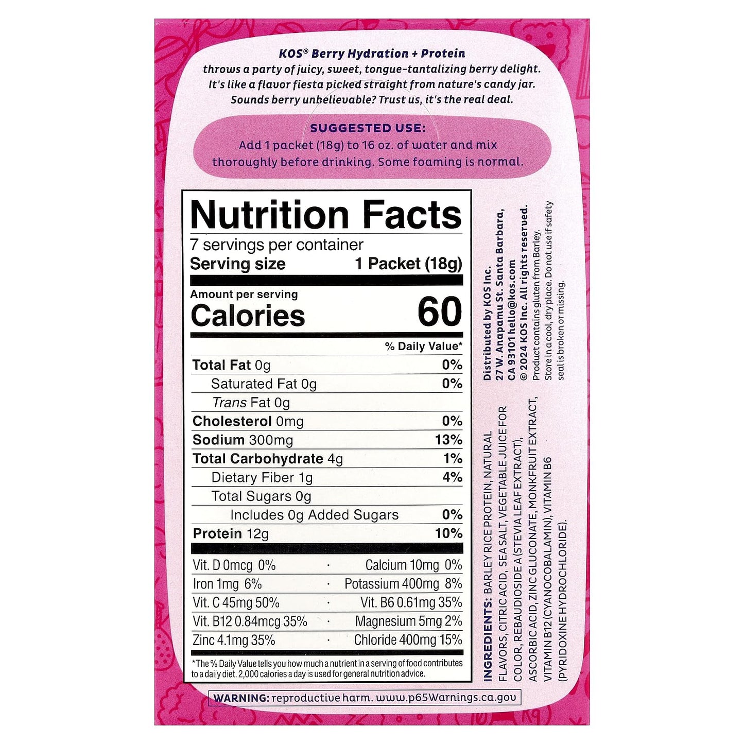 Kos Berry Hydration Protein 7ct, 0.65 OZ - Maple Wellness Supplements