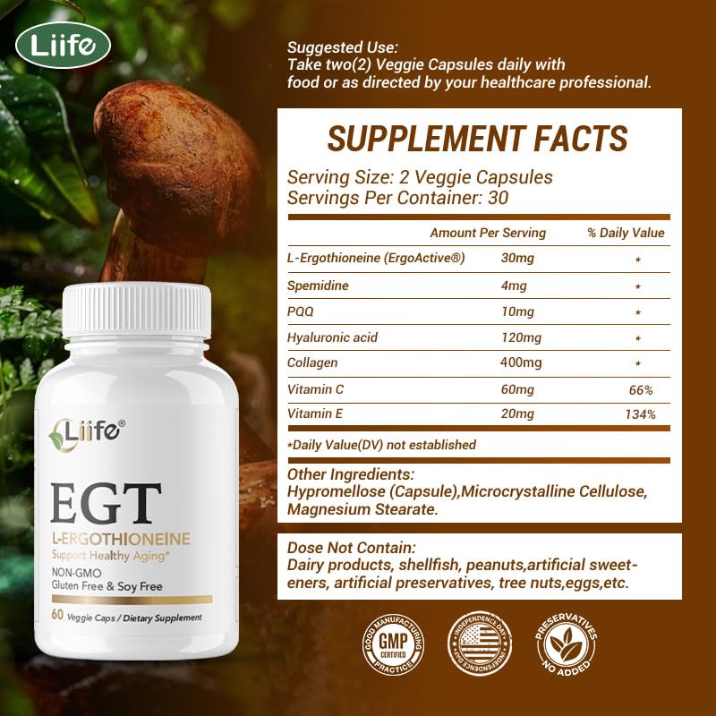 LIIFE L-Ergothioneine Supplement (EGT) 30mg,Compound Antioxidant Supplement (May Support Longevity and Healthy Aging) Promotes Skin Health,60 Capsules,Non-GMO, Gluten Free, Vegan Safe - Maple Wellness Supplements