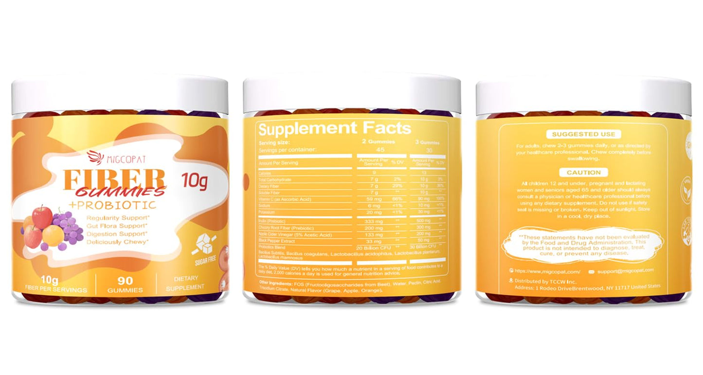 Migcopat 10G Fiber Gummies with Probiotics, Fiber Supplement with 30 Billion CFU Probiotics Blend, ACV, Vitamin C, Inulin - Support Digestive Health - Maple Wellness Supplements