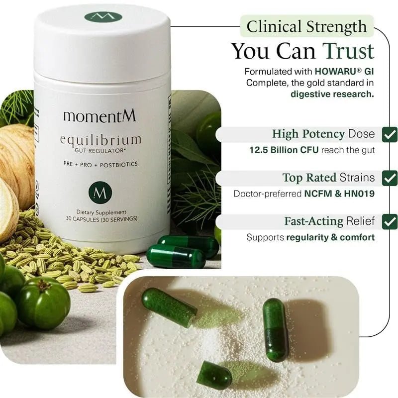 momentM Equilibrium 3-in-1 Probiotics for Women & Men Digestive Health, Prebiotics and Probiotics for Women with HOWARU Strains, Postbiotics & Fennel for Bloat & Gut Health,12.5B CFU, 30 Capsules - Maple Wellness Supplements
