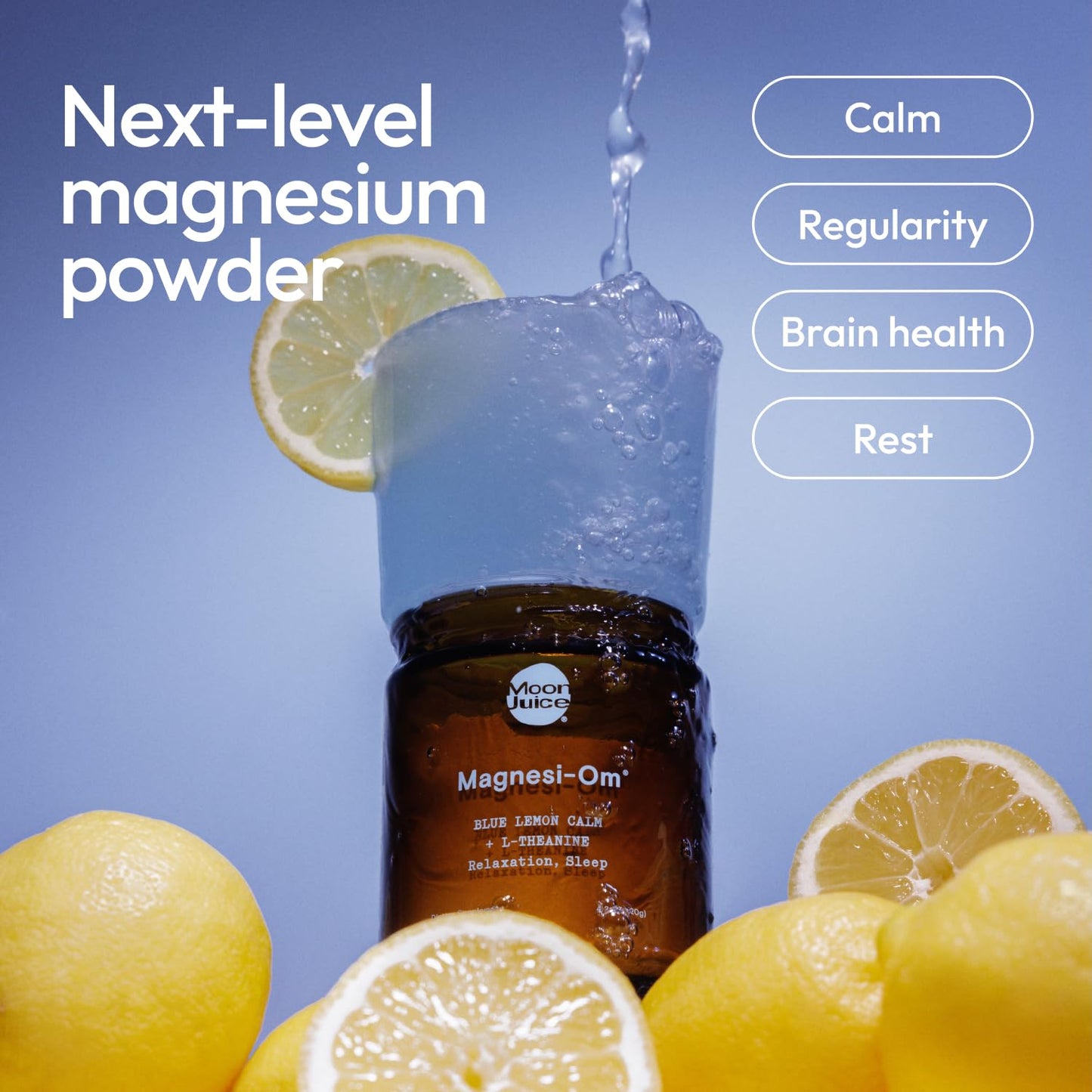 Moon Juice Magnesi-Om Magnesium Powder Supplement - Chelated Magnesium Complex + L-Theanine Blend for Rest, Relaxation & Regularity - Vegan, Non-GMO & No Sugar, Blue Lemon, 4.2 oz, 30 Servings - Maple Wellness Supplements