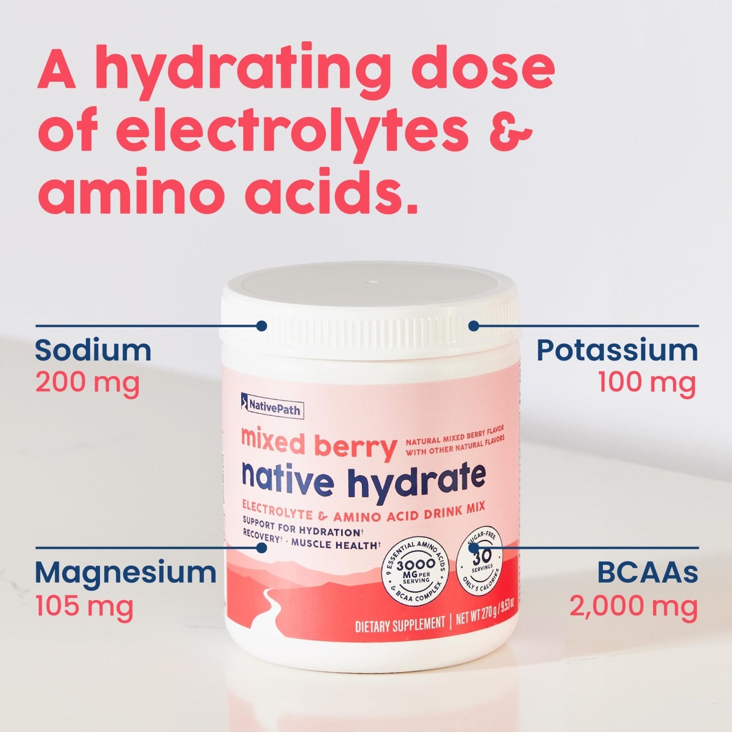NativePath Hydrate, Zero Sugar, Electrolytes Powder with BCAAs, Mixed Berry Hydration, Keto & Paleo Friendly, 30 Servings - Maple Wellness Supplements