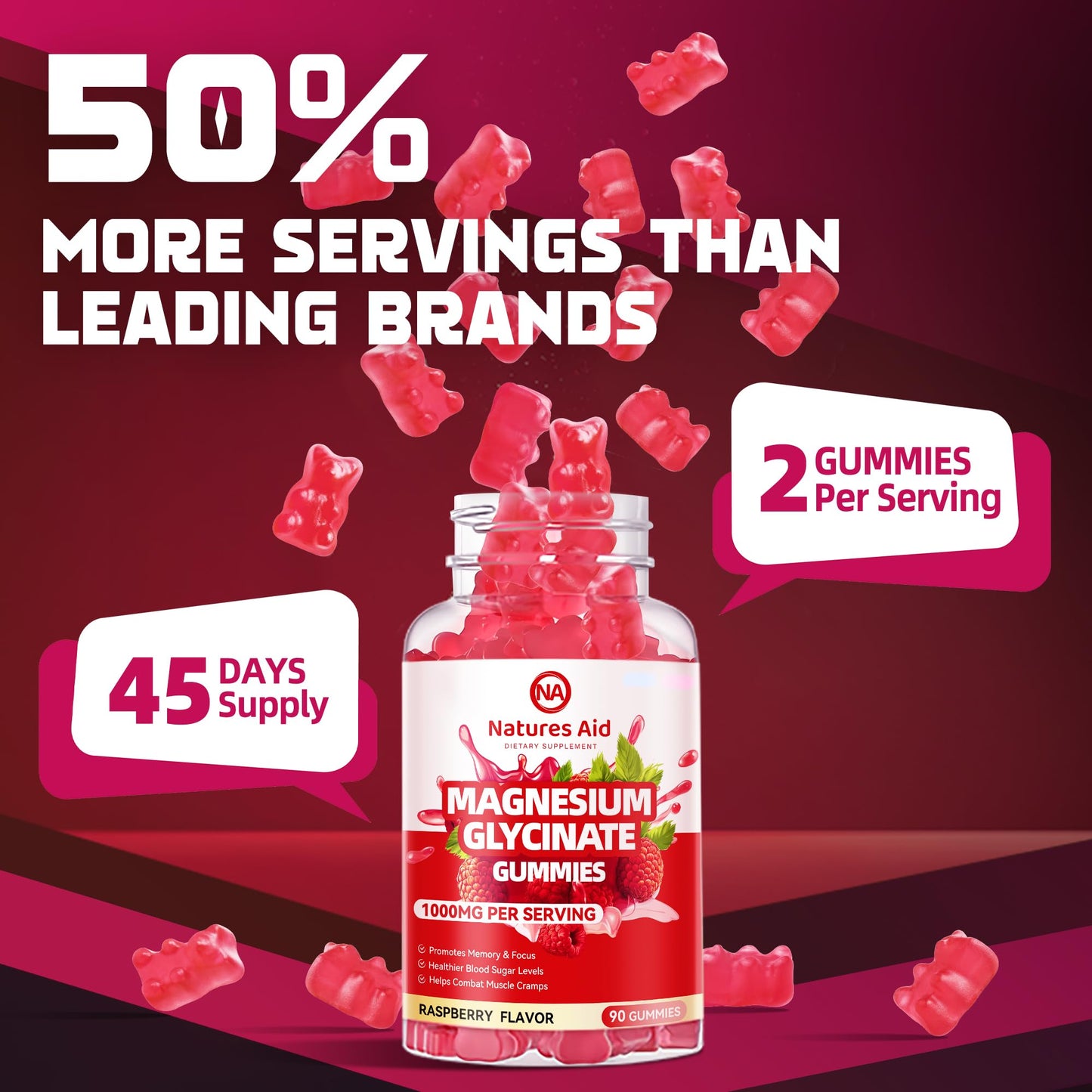 Natures Aid Magnesium Glycinate Gummies 1000mg - Sugar Free Magnesium Potassium Supplement with Vitamin D, B6, CoQ10 for Calm Mood - Maple Wellness Supplements