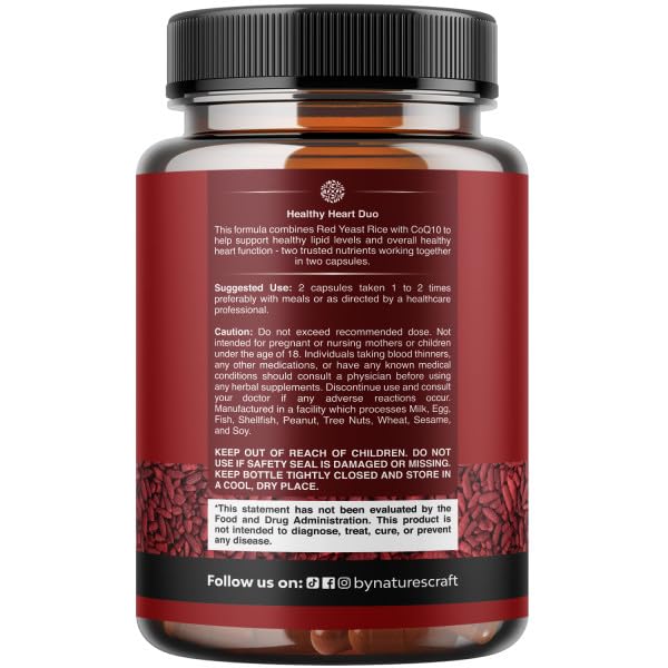 Natures Craft Red Yeast Rice with CoQ10 Supplement - Advanced Healthy Heart & Healthy Cholesterol Levels Formula for Men & Women - Red Yeast Rice Capsules with 1200 mg - Maple Wellness Supplements