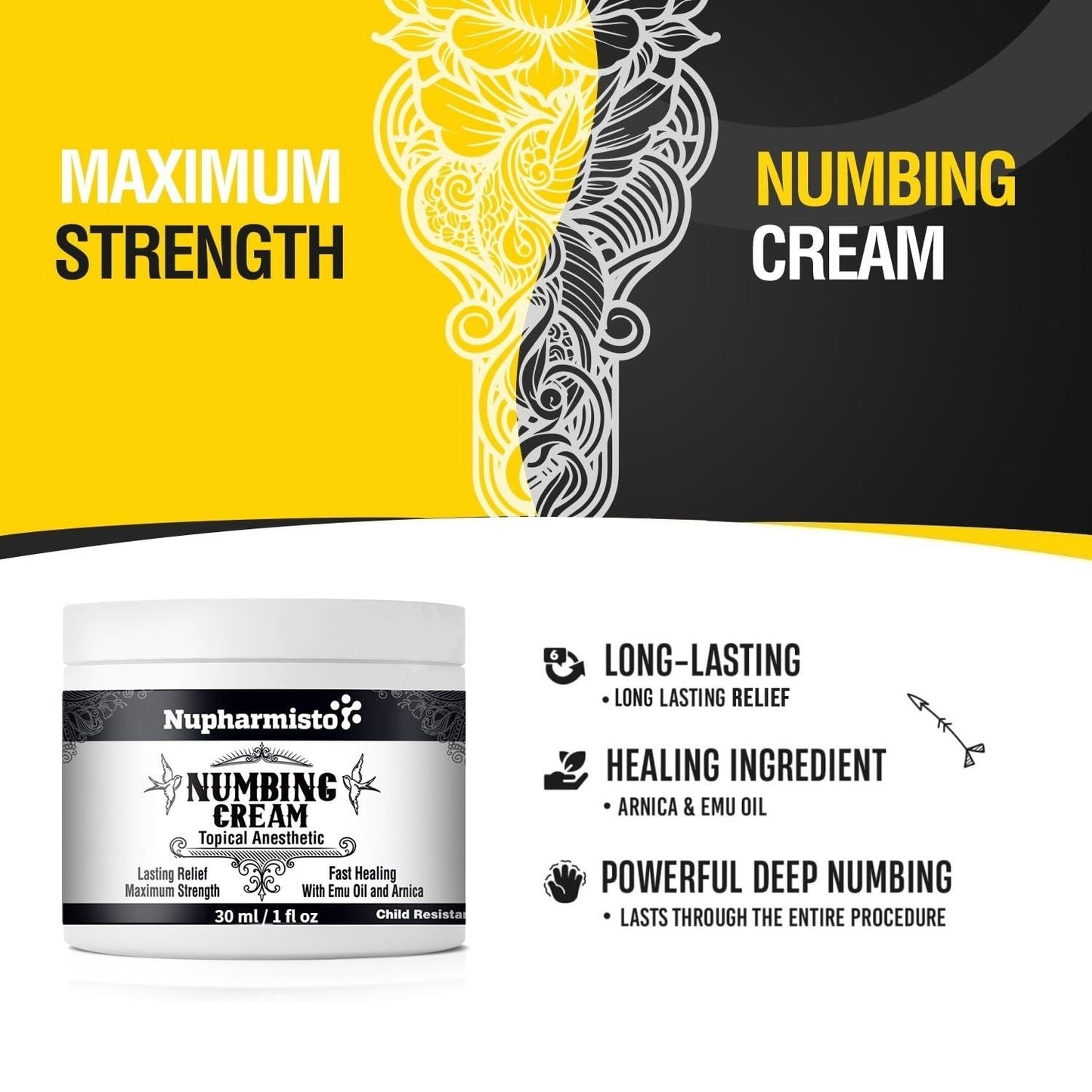 Nupharmisto Numbing Cream Maximum Strength : Long Lasting Numbing Cream with 5X Numbing - Emu Oil and Arnica 30 ml / 1 fl oz - Maple Wellness Supplements