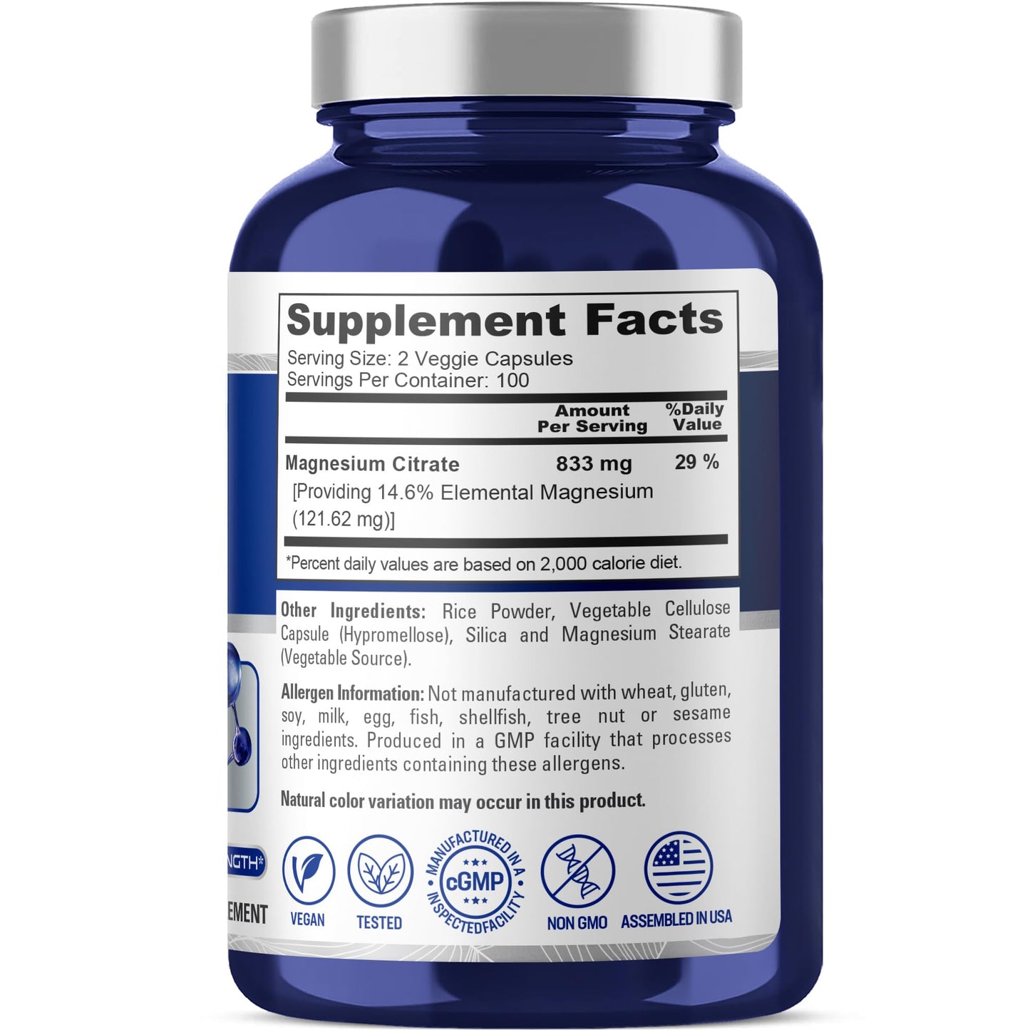 NusaPure Magnesium Citrate 833mg - 200 Veggie Capsules (Vegetarian, Non-GMO, Vegan) - Maple Wellness Supplements