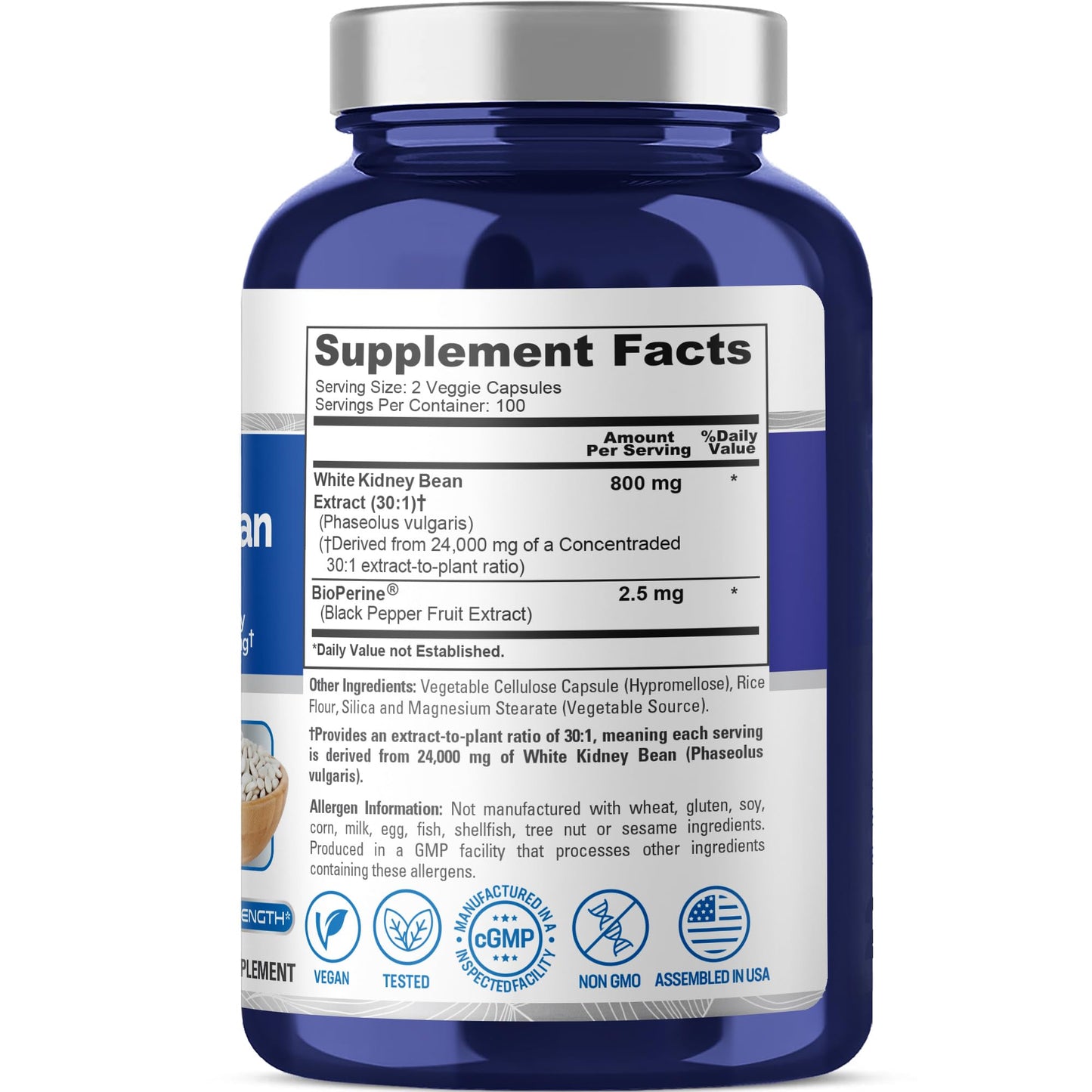 NusaPure White Kidney Beans 30:1 Extract, 800 mg Equivalent to 24,000 mg 200 Vegan Capsules - Bioperine - (Vegan, Non-GMO) - Maple Wellness Supplements
