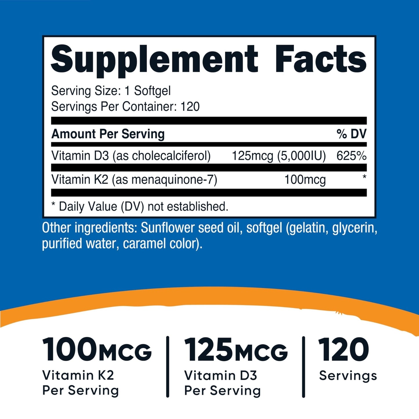 Nutricost Vitamin D3 + K2 (5000 IU D3 / 100mcg MK7), 120 Softgels – Gluten-Free & Non-GMO - Maple Wellness Supplements