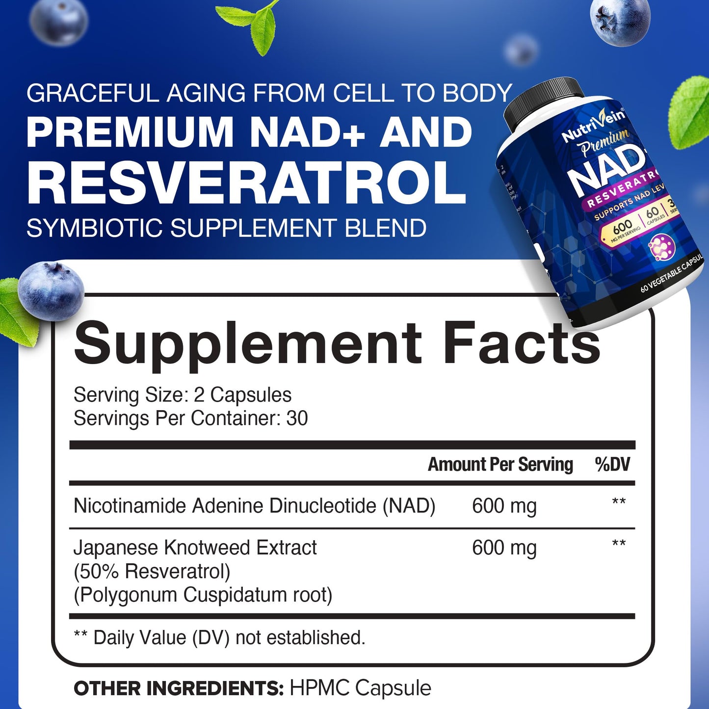 Nutrivein Premium NAD + Resveratrol Supplement 600 mg - 30 Servings (60 Capsules): Powerful Synergistic NAD Resveratrol Supplement - Aging, Cognition, Metabolism, & Overall Well-Being - Maple Wellness Supplements