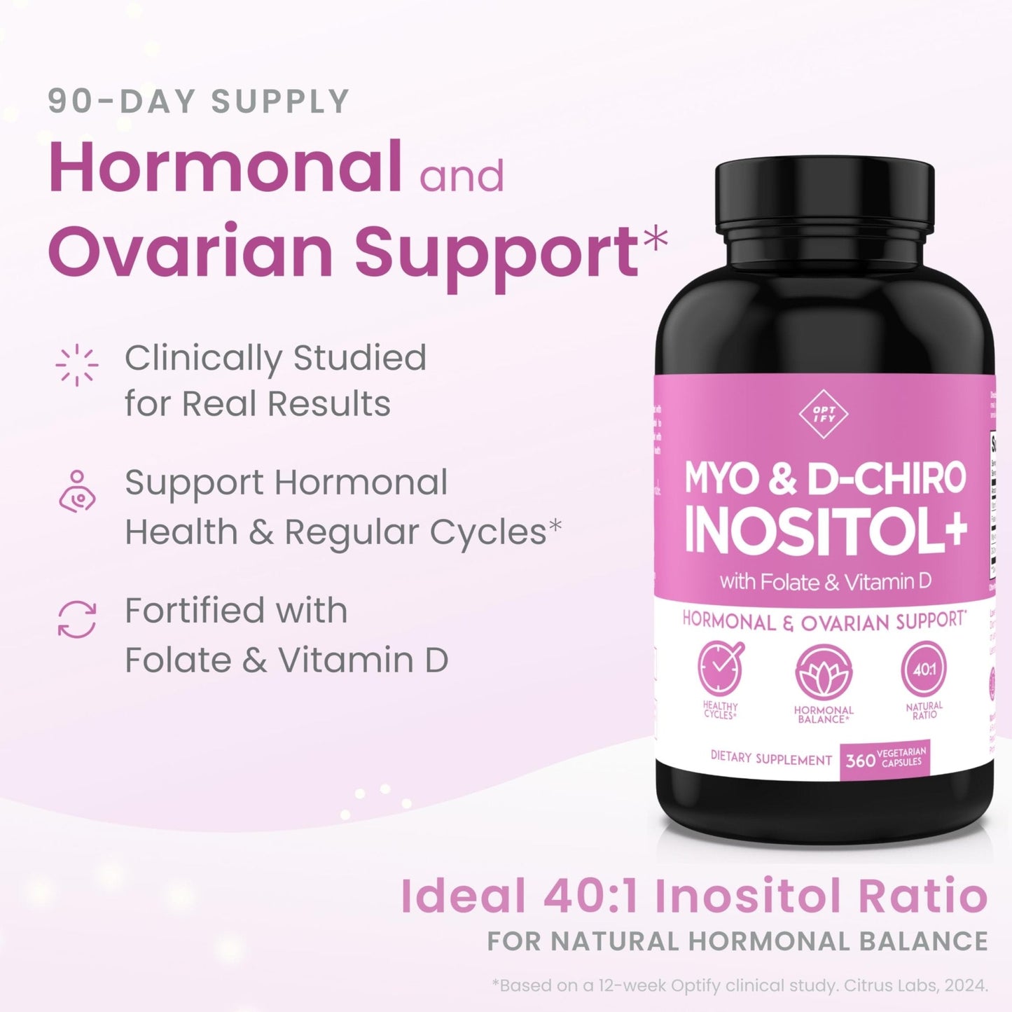 Optify Inositol Supplement for Women – 90-Day Supply – Myo-Inositol and D-Chiro Inositol with Folate and Vitamin D – 40:1 Ratio – Hormone Balance & Ovarian Support - 360 Capsules - Maple Wellness Supplements