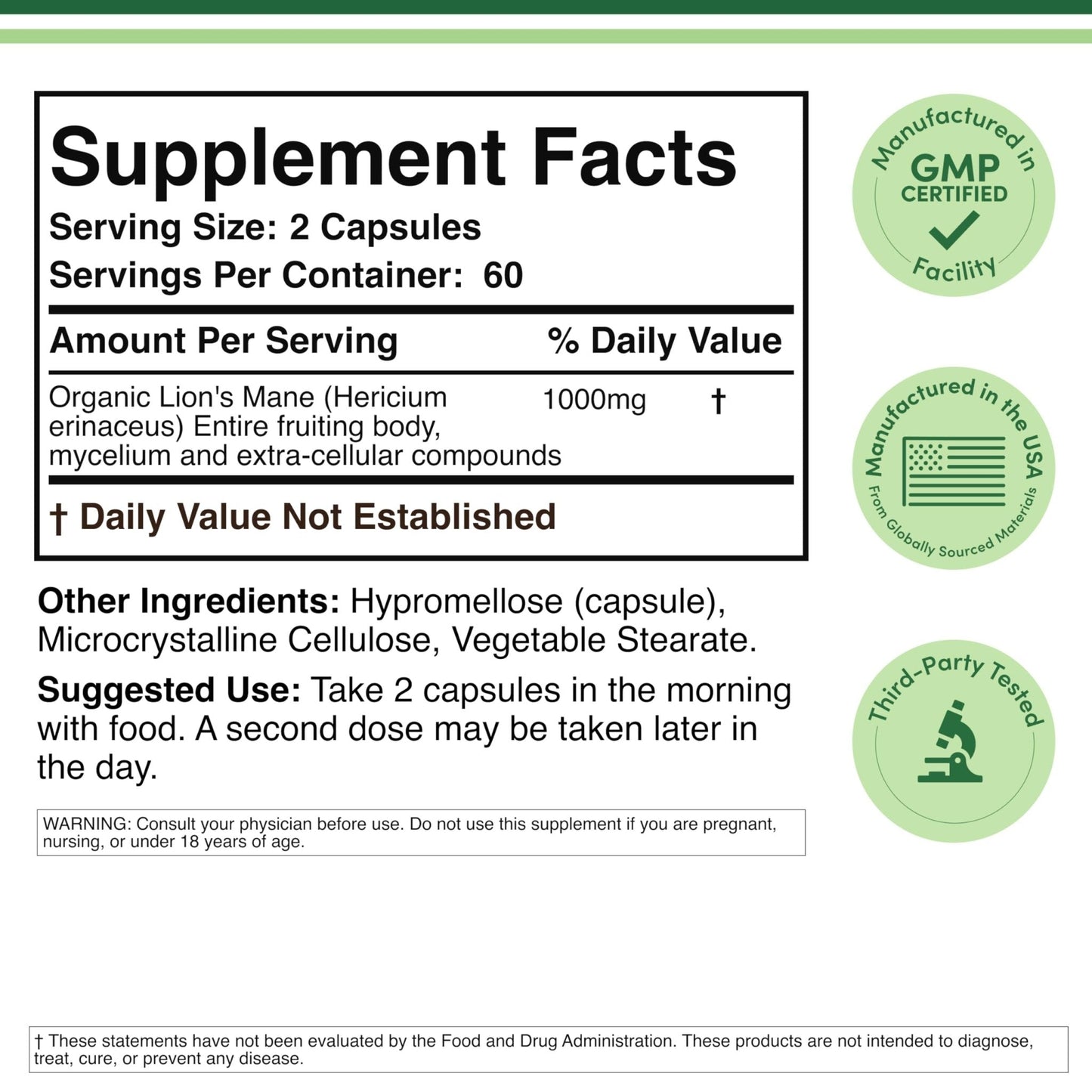 Organic Lions Mane Mushroom Capsules (120 Count), for Focus Support and Immune Health, Third Party Tested and Grown in The USA - by Double Wood - Maple Wellness Supplements