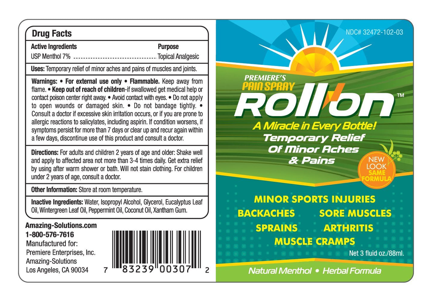 Premiere's Pain Spray All-Natural Menthol & Peppermint Roller Herbal Blend for Joint and Nerve Pain, Muscle Soreness, Sprains, Cramps, Sports Injuries, Back Pain & Neck Shoulder Aches - 1 Pack - Maple Wellness Supplements