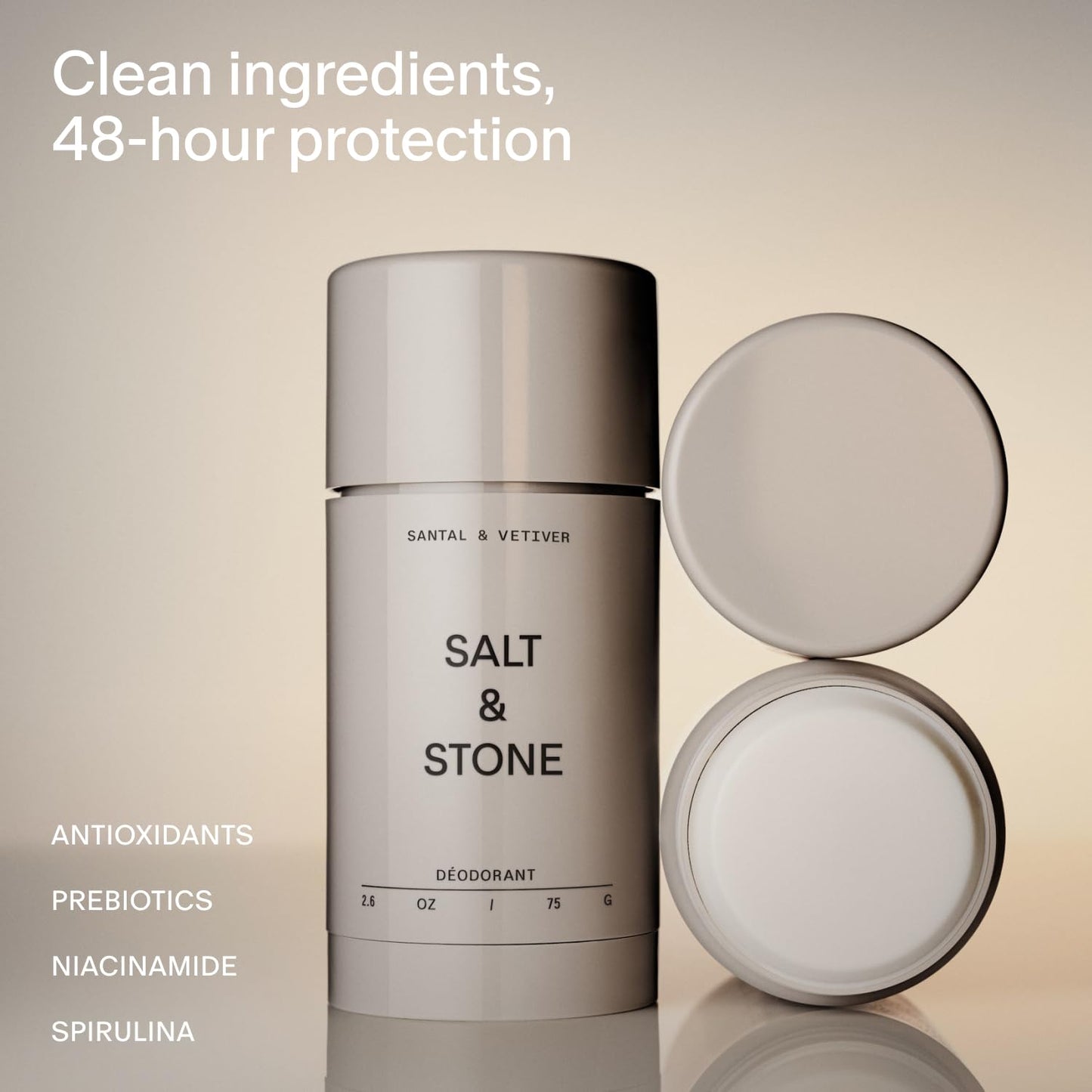 Salt & Stone Aluminum Free Deodorant | Extra Strength 48 Hour Protection for Women & Men | Made with Seaweed Extracts, Niacinamide & Prebiotics | Santal & Vetiver - Maple Wellness Supplements