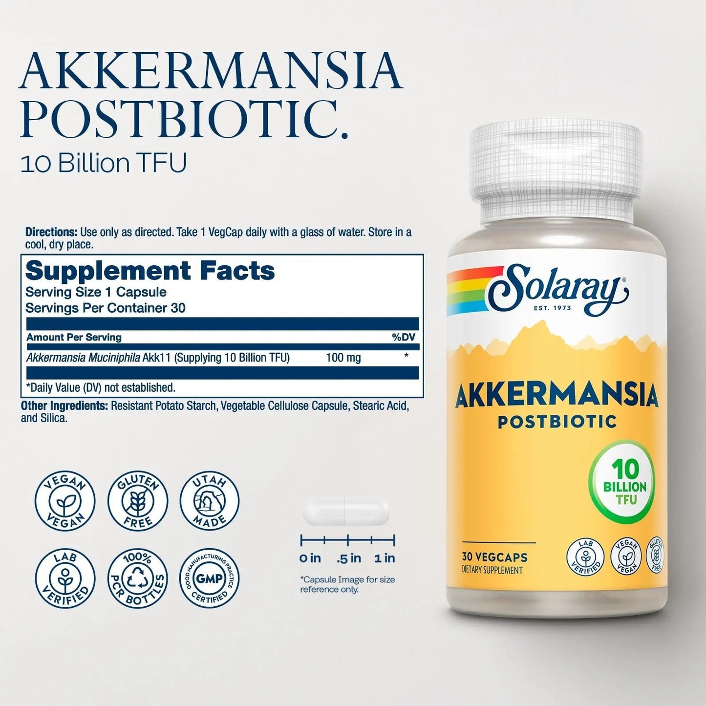 SOLARAY Akkermansia Postbiotic, Akk11, 10 Billion TFU, Beneficial Strain for Gut Health Support, Vegan, Gluten-Free, 60-Day Guarantee, 30 Servings, 30 VegCaps - Maple Wellness Supplements