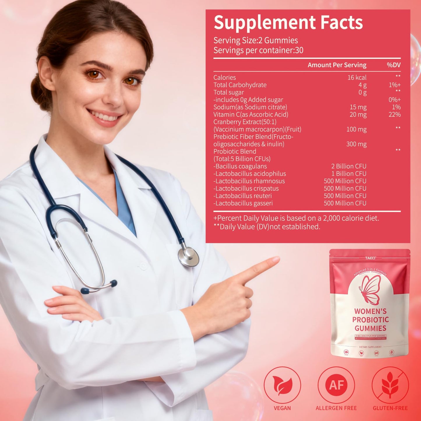 Taeci Vaginal Probiotic Gummies for Women – 5 Billion CFU with Prebiotic & Cranberry Extract – Supports pH Balance, Healthy Odor & Gut Health - Maple Wellness Supplements