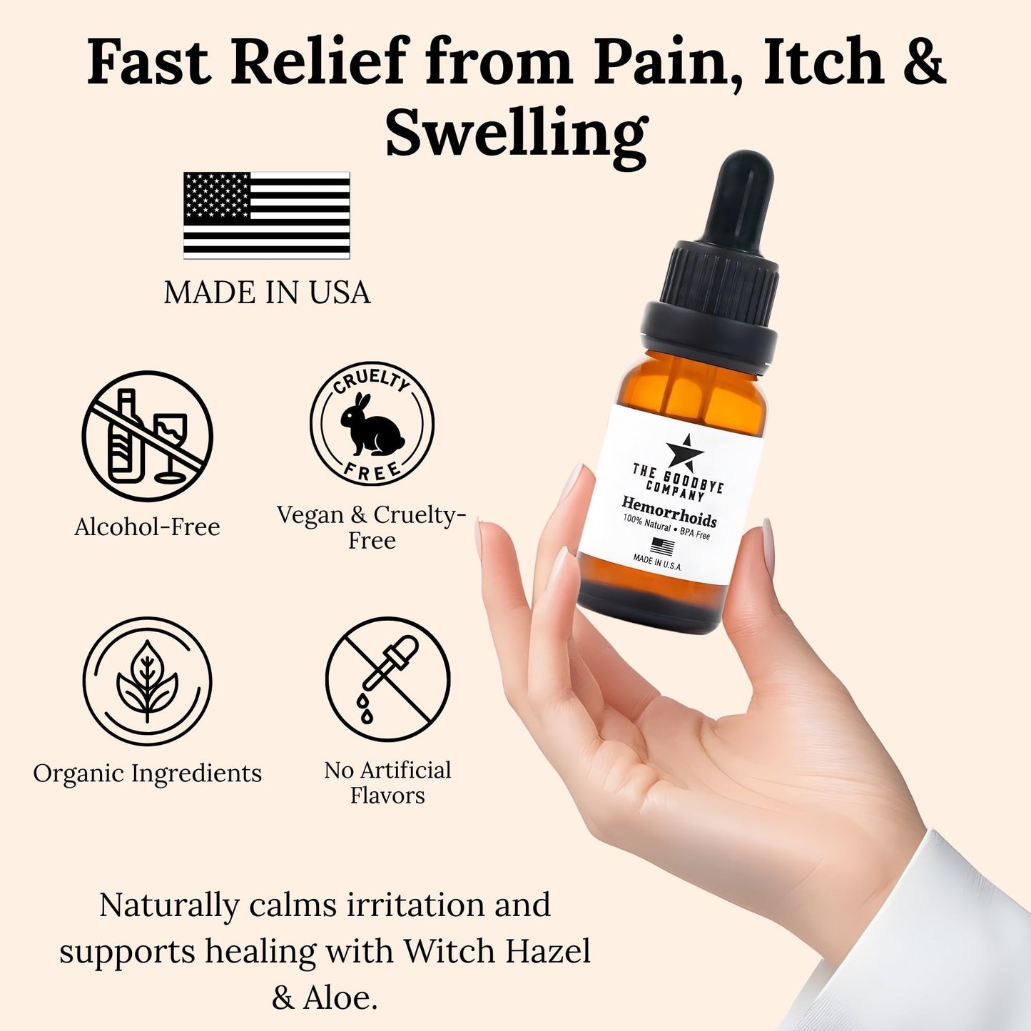 The Goodbye Company Organic Hemorrhoid Relief Serum - Natural Witch Hazel Treatment for Pain, Itch & Swelling - Internal External Soothing Formula - Vegan, USA Made, 15mL - Maple Wellness Supplements