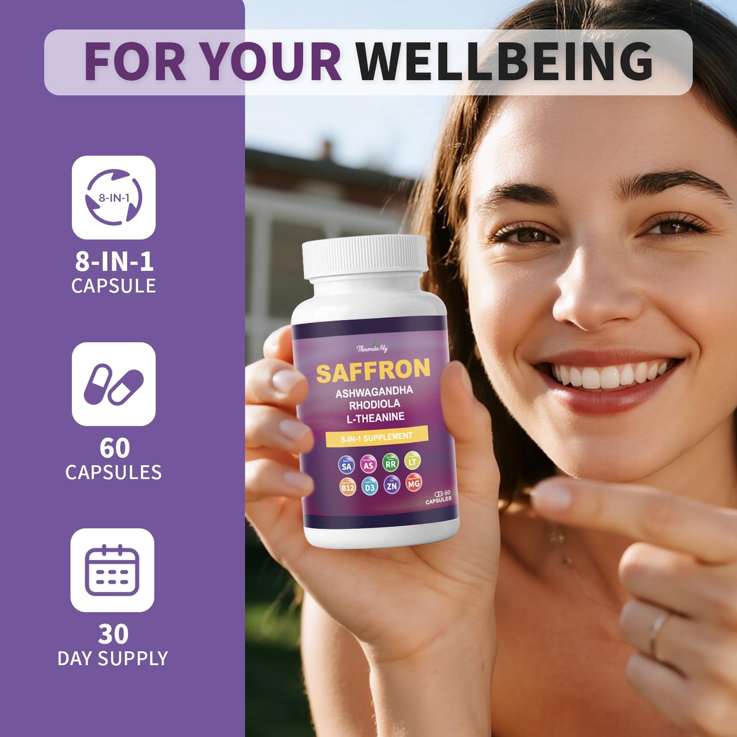 Theronika Aly Saffron Supplements – Blend with Ashwagandha, Safron, Rhodiola, Magnesium, L-Theanine, Zinc & B12, 88.5 mg Pure Saffron Extract Capsules Mood, Energy, Vision & Focus – 60 Vegan Capsules - Maple Wellness Supplements