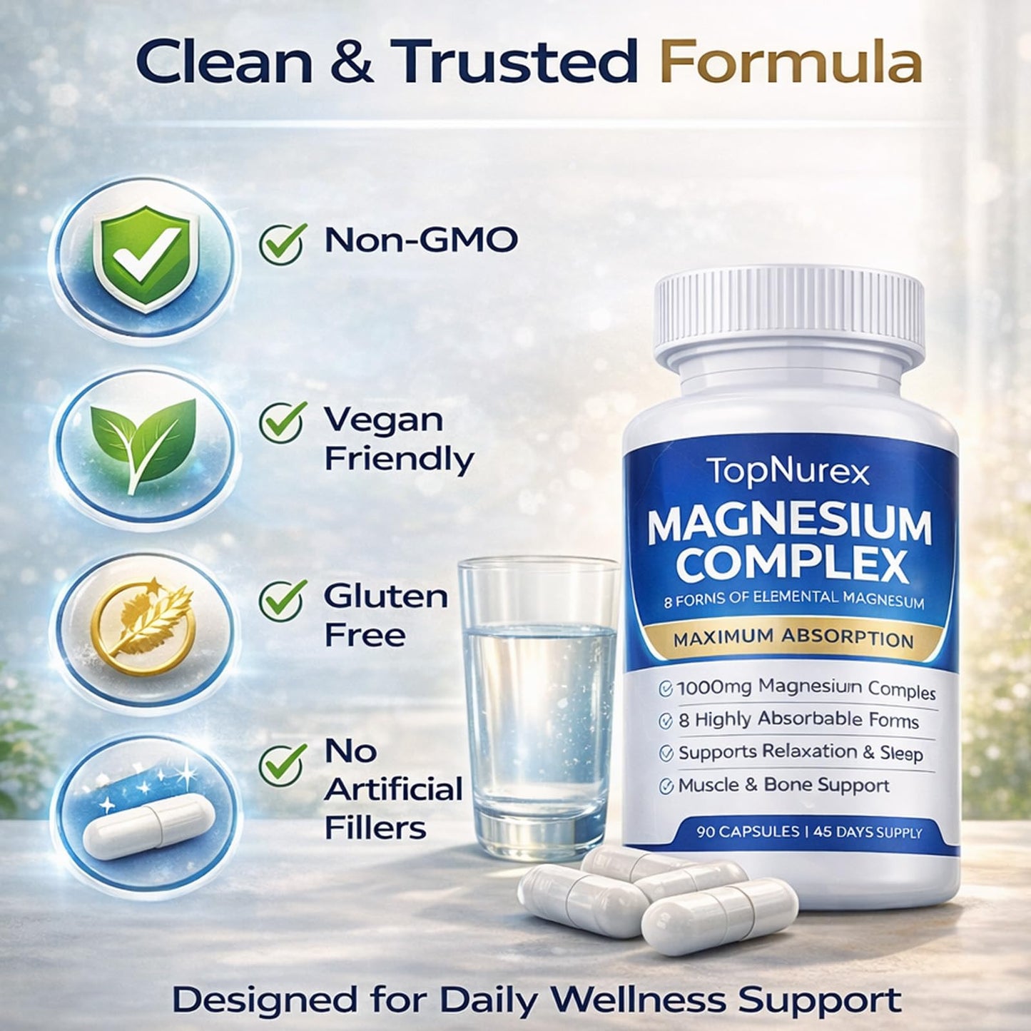 Top Nurex Magnesium Complex Supplement for Women & Men | 1000mg Maximum Absorption | 8 Magnesium Forms Including Glycinate, Citrate, Malate | Supports Relaxation, Sleep, Bone Strength | 90 Capsules - Maple Wellness Supplements