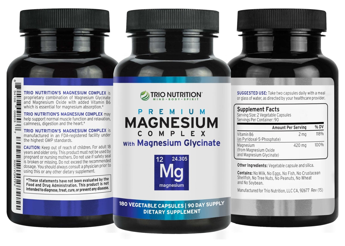 Trio Nutrition Magnesium Complex 90 Day Supply 420 mg | Natural Calm, Relax, Stress Relief, and Muscle Recovery |Magnesium Glycinate Supplement with Vitamin B6 for Rapid Absorption* - Maple Wellness Supplements