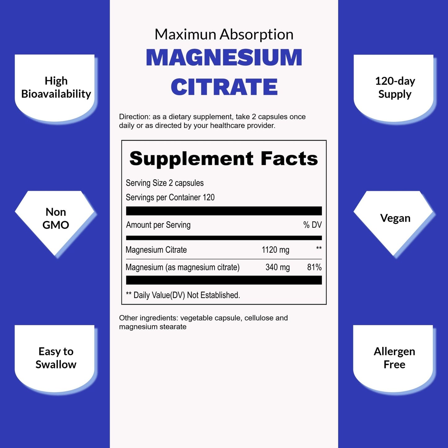 UpNourish Pure Magnesium Citrate (Citrato de Magnesio) 1120mg, 240 Capsules - High Absorption Magnesium Supplement for Women & Men - Natural Calm Magnesium for Constipation, Relax, Cramp Defense - Maple Wellness Supplements