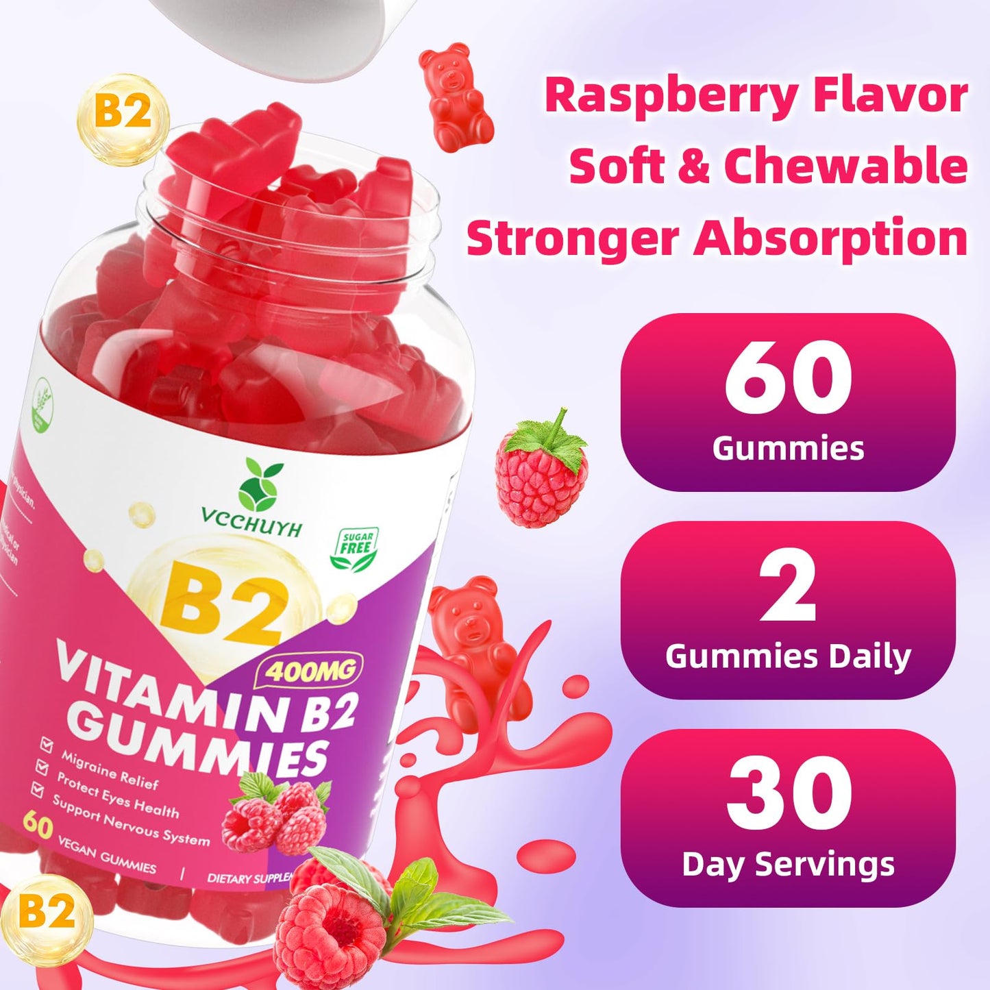 VCCHUYH Vitamin B2 Gummies for Kids & Adults, VIT B2 Riboflavin 400mg Supplement with Magnesium for Migraine Relief & Nervous System Support, Non-GMO, - Maple Wellness Supplements