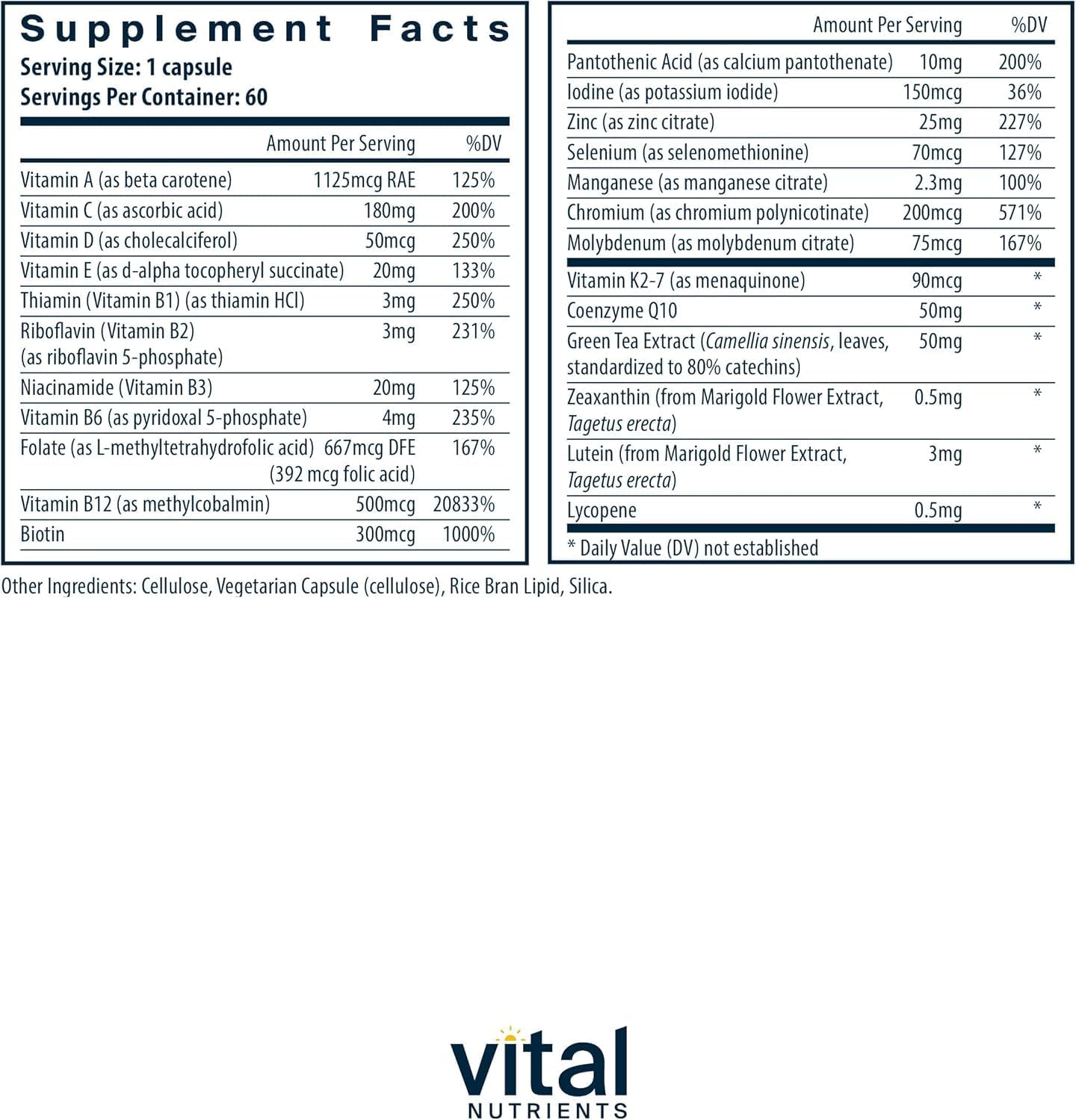 Vital Nutrients Once Daily Multivitamin - Vegan Multi for Women & Men - Allergen-Free - 19 Essential Vitamins + Antioxidants for Eye and Heart Health - Maple Wellness Supplements