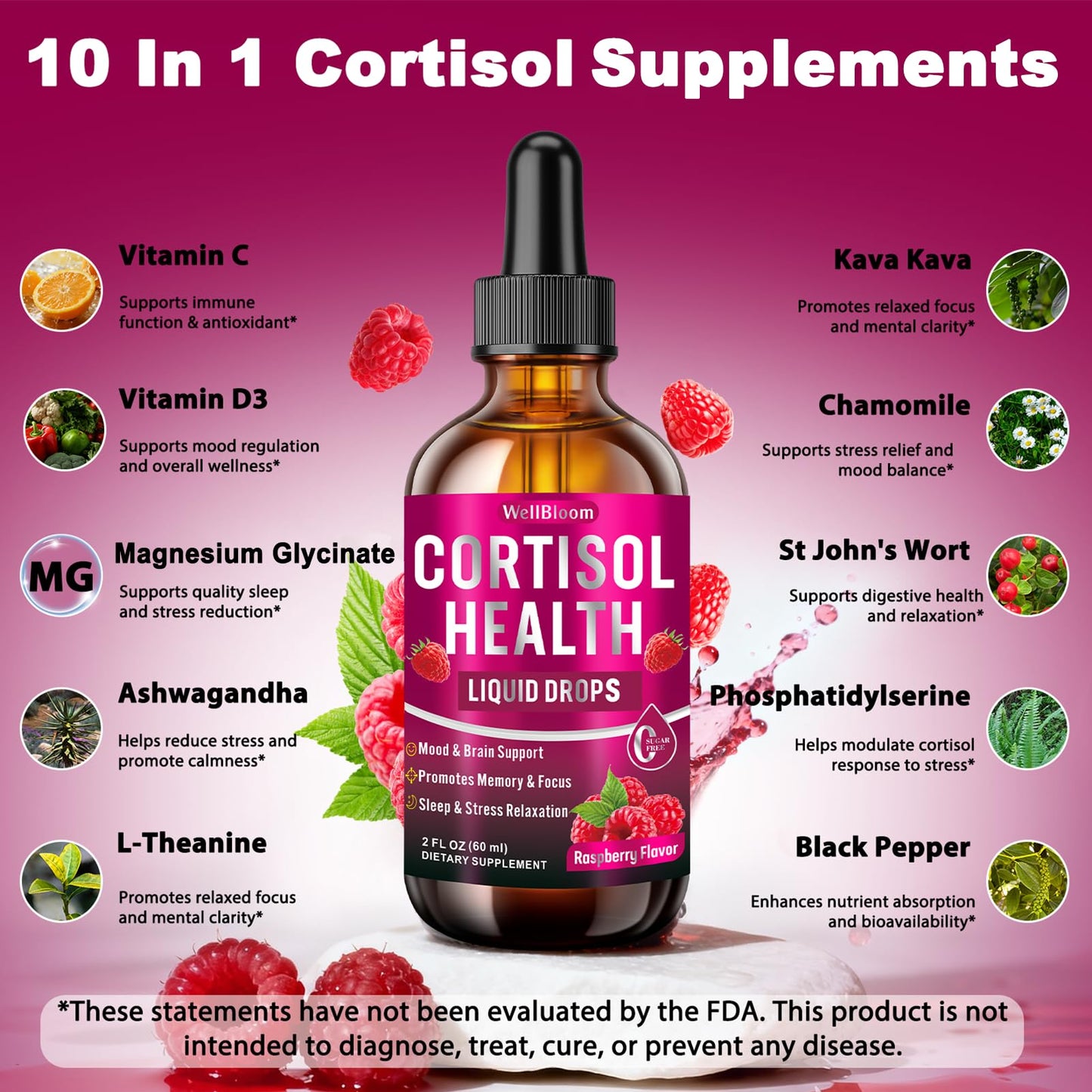 WellBloom Cortisol Reducer for Women & Men with Magnesium Glycinate, Ashwagandha, L-Theanine - Supports Stress Relief, Sleep & Heart Health, Nerves, Muscles - 2 Fl Oz - Maple Wellness Supplements