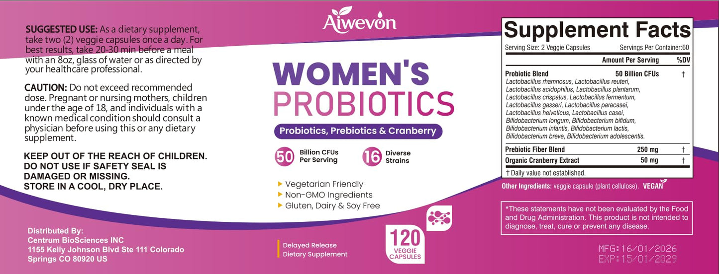 Women Probiotics 50 Billion CFU: Probiotics for Women with Prebiotics & Cranberry, 16 Strain Probiotic Supplement for Digestive Gut Health, Vaginal & Urinary Tract Support - Maple Wellness Supplements