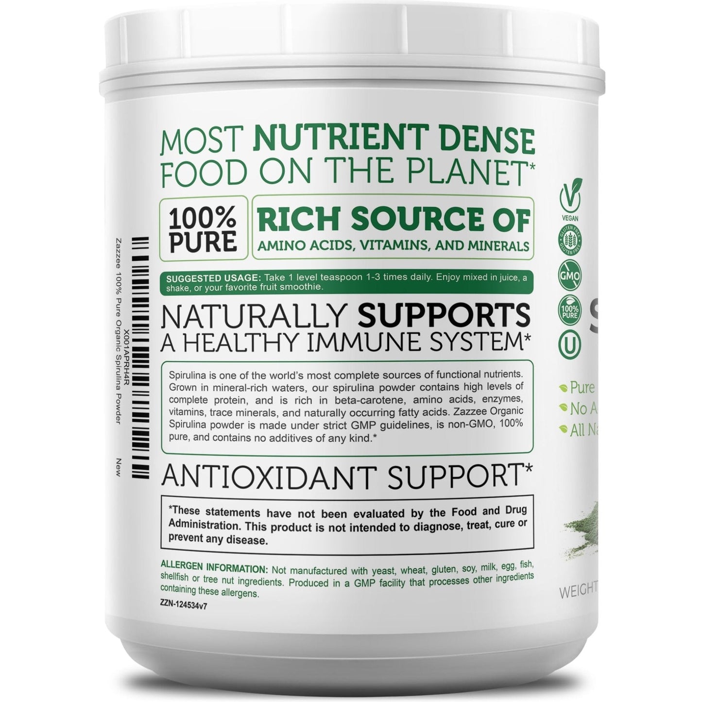 Zazzee USDA Organic Spirulina Powder, 2.2 Pounds (1 KG), 303 Servings, Certified Kosher, 100% Pure, Non-Irradiated, Mess-Free Wide Mouth Container, Fresh Smell and Neutral Taste, Non-GMO, Made in USA - Maple Wellness Supplements