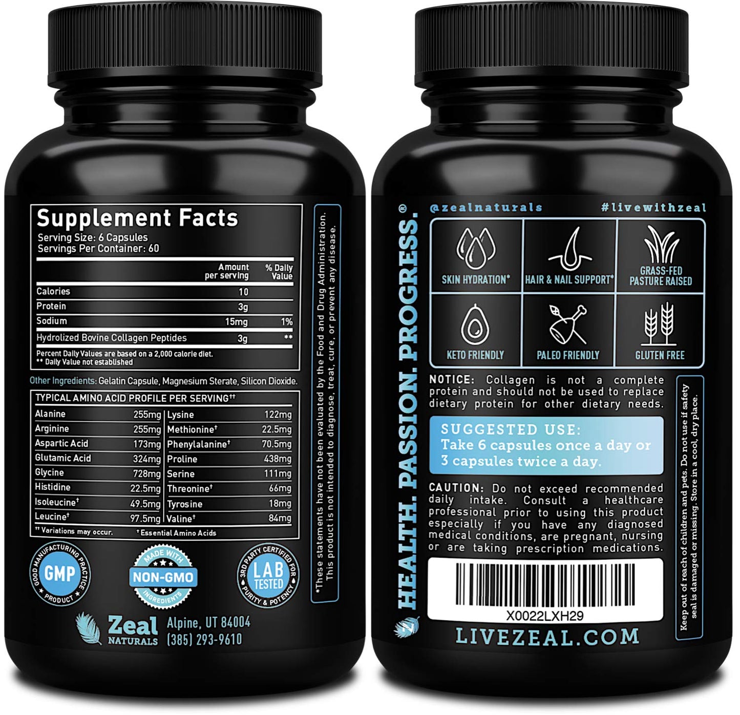 Zeal Naturals Collagen Peptides Collagen Pills (360 Capsules) Grass Fed Collagen Pepetide Powder - Hydrolyzed Collagen Powder for JointTendon SupplementHair Skin and Nails - Maple Wellness Supplements