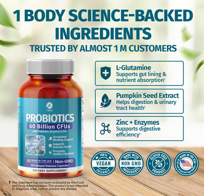 1 Body Probiotic 60 Billion for Men & Women, Gut Health Support with Prebiotics, Digestive Enzymes, Zinc & L-Glutamine, Non-GMO, 60 Vegan Capsules - Maple Wellness Supplements