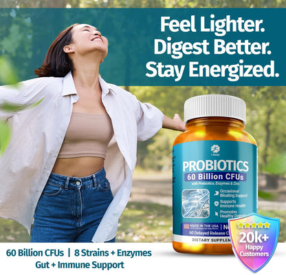 1 Body Probiotic 60 Billion for Men & Women, Gut Health Support with Prebiotics, Digestive Enzymes, Zinc & L-Glutamine, Non-GMO, 60 Vegan Capsules - Maple Wellness Supplements