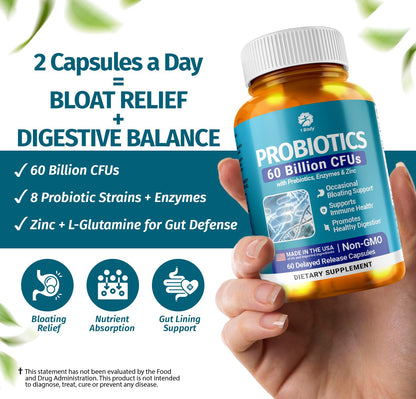 1 Body Probiotic 60 Billion for Men & Women, Gut Health Support with Prebiotics, Digestive Enzymes, Zinc & L-Glutamine, Non-GMO, 60 Vegan Capsules - Maple Wellness Supplements