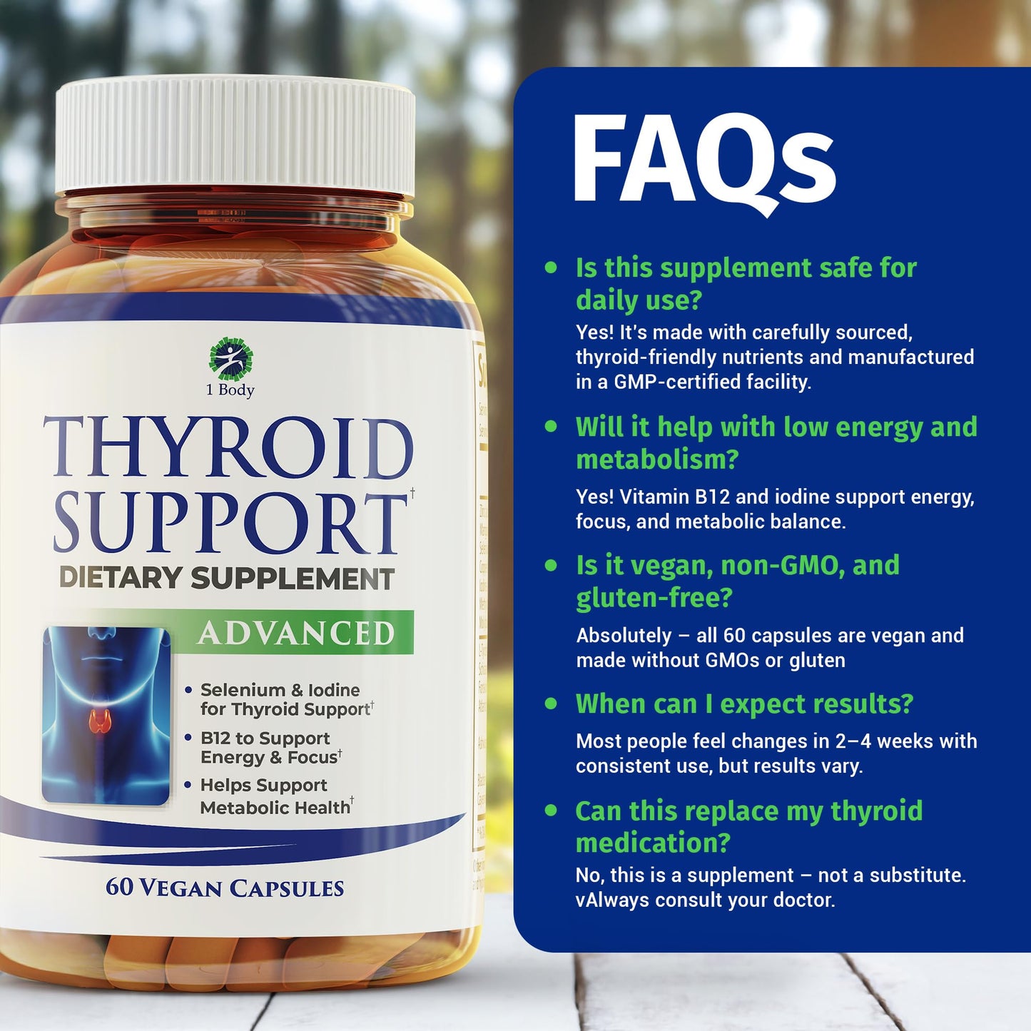 1 Body Thyroid Support Supplement for Women and Men, Selenium with Iodine, Zinc, B12, Ashwagandha and L-Tyrosine, Supports Hormone Health, Energy and Metabolism, 30 Day Supply - Maple Wellness Supplements