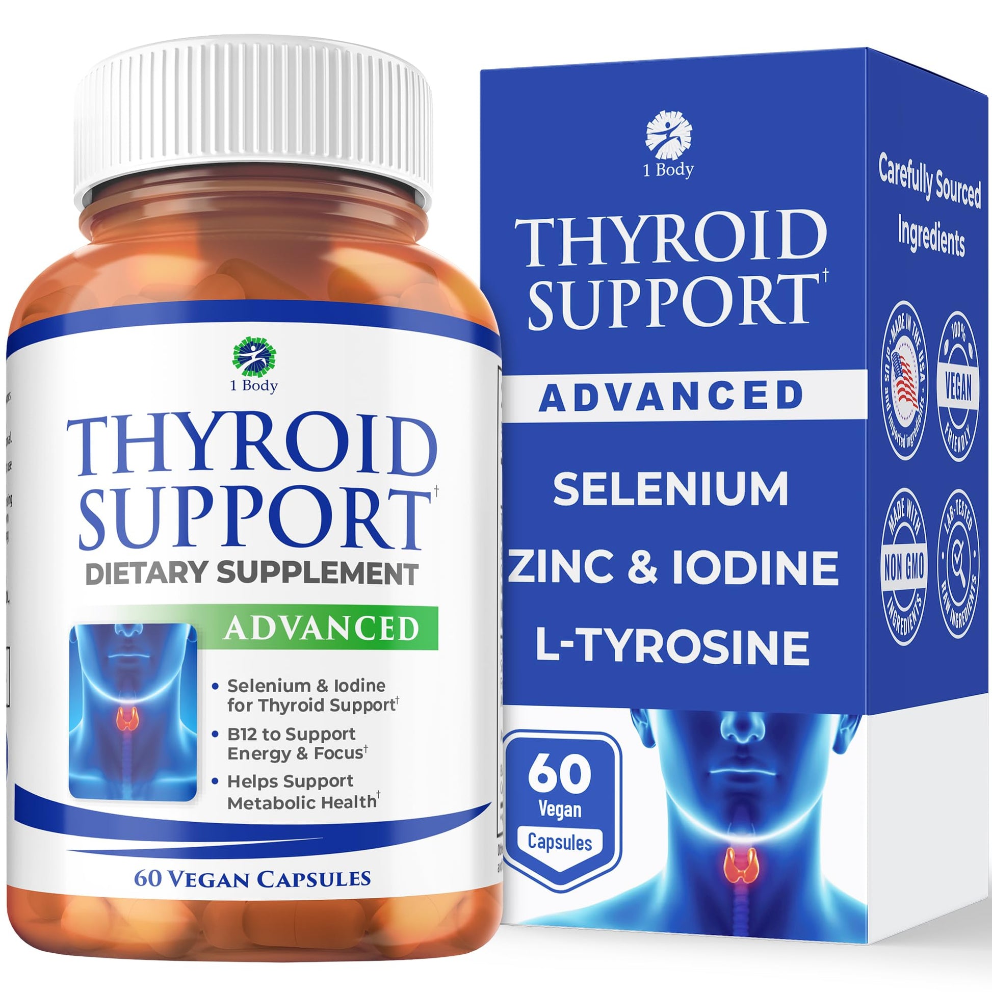 1 Body Thyroid Support Supplement for Women and Men, Selenium with Iodine, Zinc, B12, Ashwagandha and L-Tyrosine, Supports Hormone Health, Energy and Metabolism, 30 Day Supply - Maple Wellness Supplements