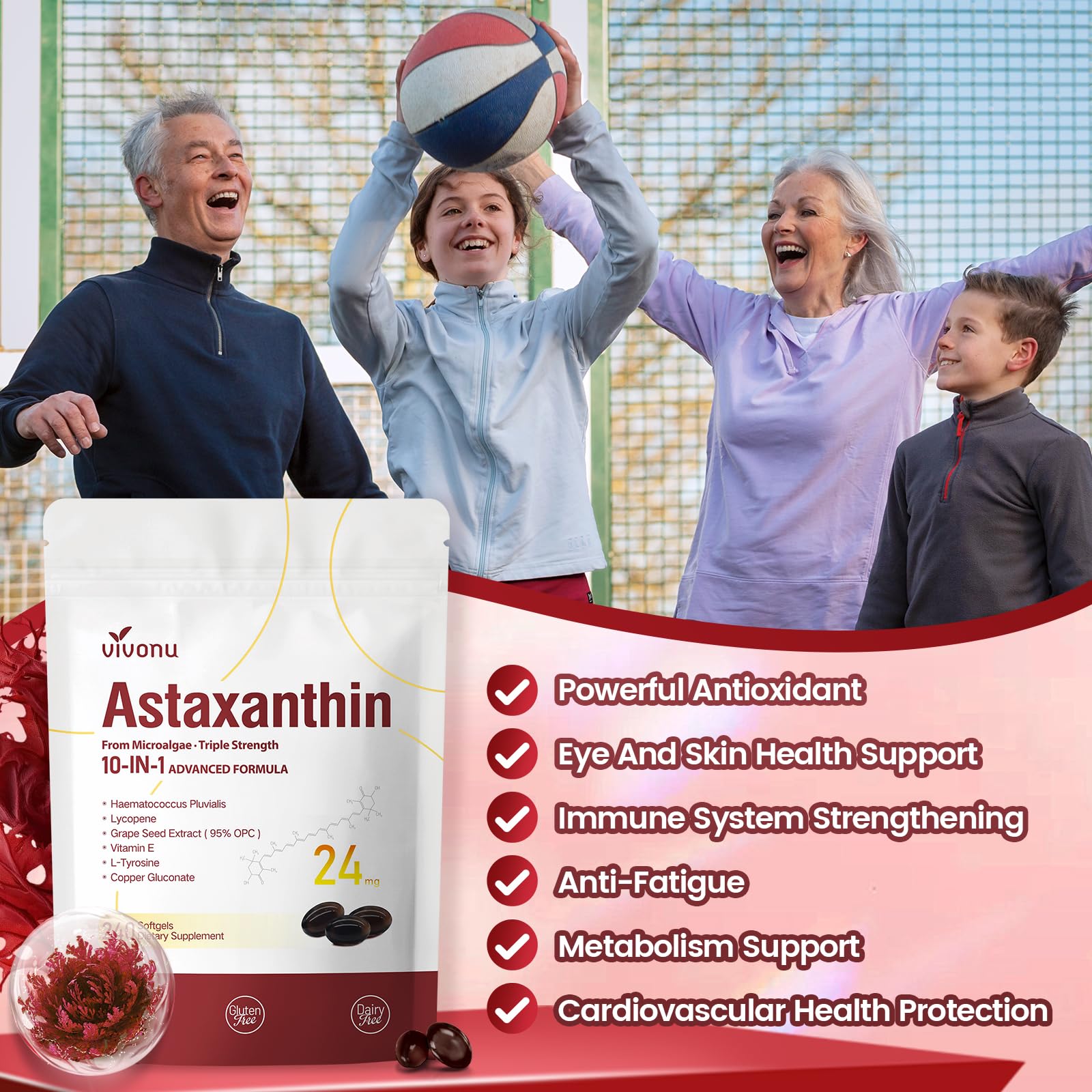 10 in 1 Astaxanthin Supplements 24mg, 4 Month Supply, Astaxantina Antioxidant from Fresh Haematococcus Pluvialis, Contains Lycopene, Grape Seed, Vitamin E - Maple Wellness Supplements