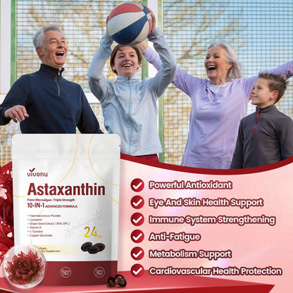 10 in 1 Astaxanthin Supplements 24mg, 4 Month Supply, Astaxantina Antioxidant from Fresh Haematococcus Pluvialis, Contains Lycopene, Grape Seed, Vitamin E - Maple Wellness Supplements
