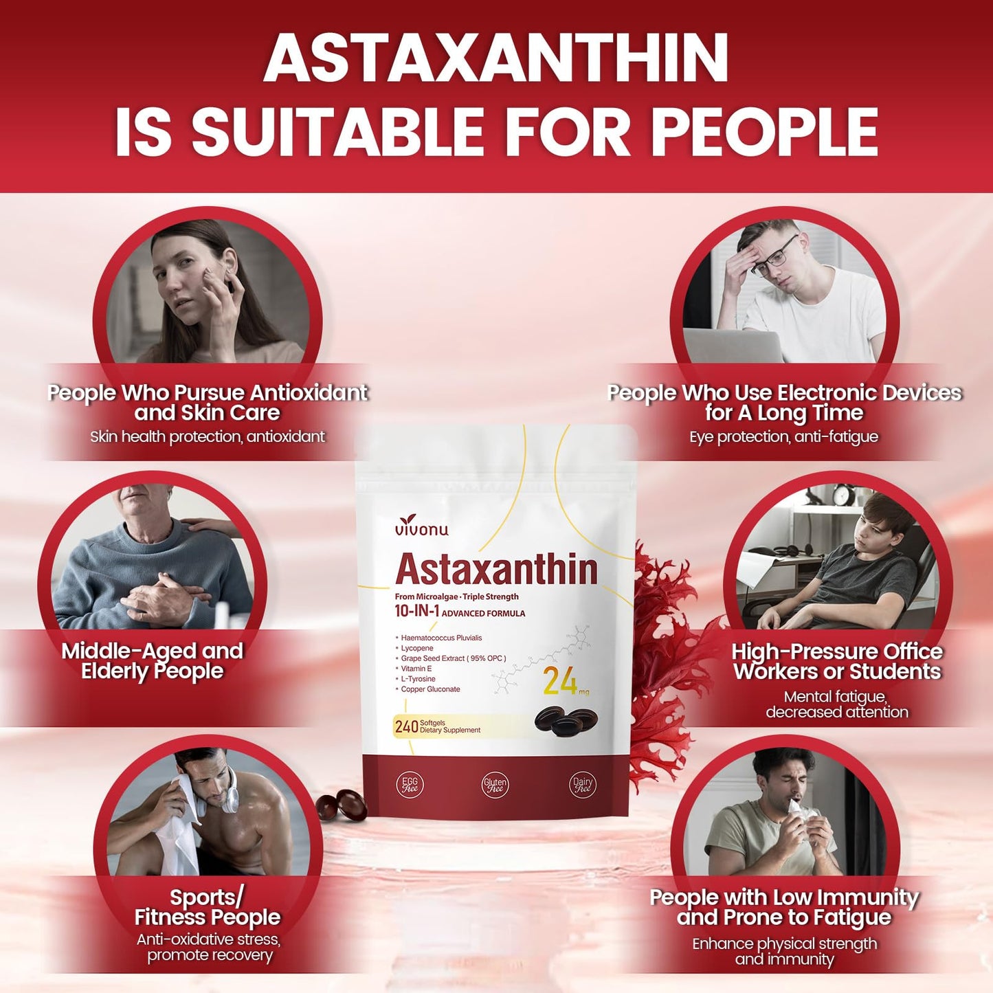 10 in 1 Astaxanthin Supplements 24mg, 4 Month Supply, Astaxantina Antioxidant from Fresh Haematococcus Pluvialis, Contains Lycopene, Grape Seed, Vitamin E - Maple Wellness Supplements