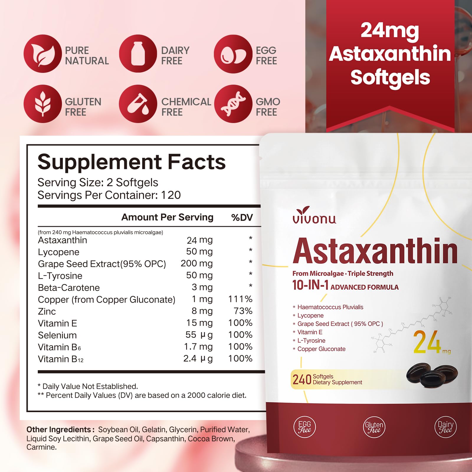 10 in 1 Astaxanthin Supplements 24mg, 4 Month Supply, Astaxantina Antioxidant from Fresh Haematococcus Pluvialis, Contains Lycopene, Grape Seed, Vitamin E - Maple Wellness Supplements