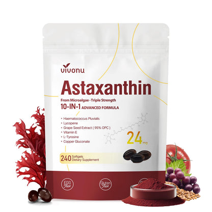 10 in 1 Astaxanthin Supplements 24mg, 4 Month Supply, Astaxantina Antioxidant from Fresh Haematococcus Pluvialis, Contains Lycopene, Grape Seed, Vitamin E - Maple Wellness Supplements