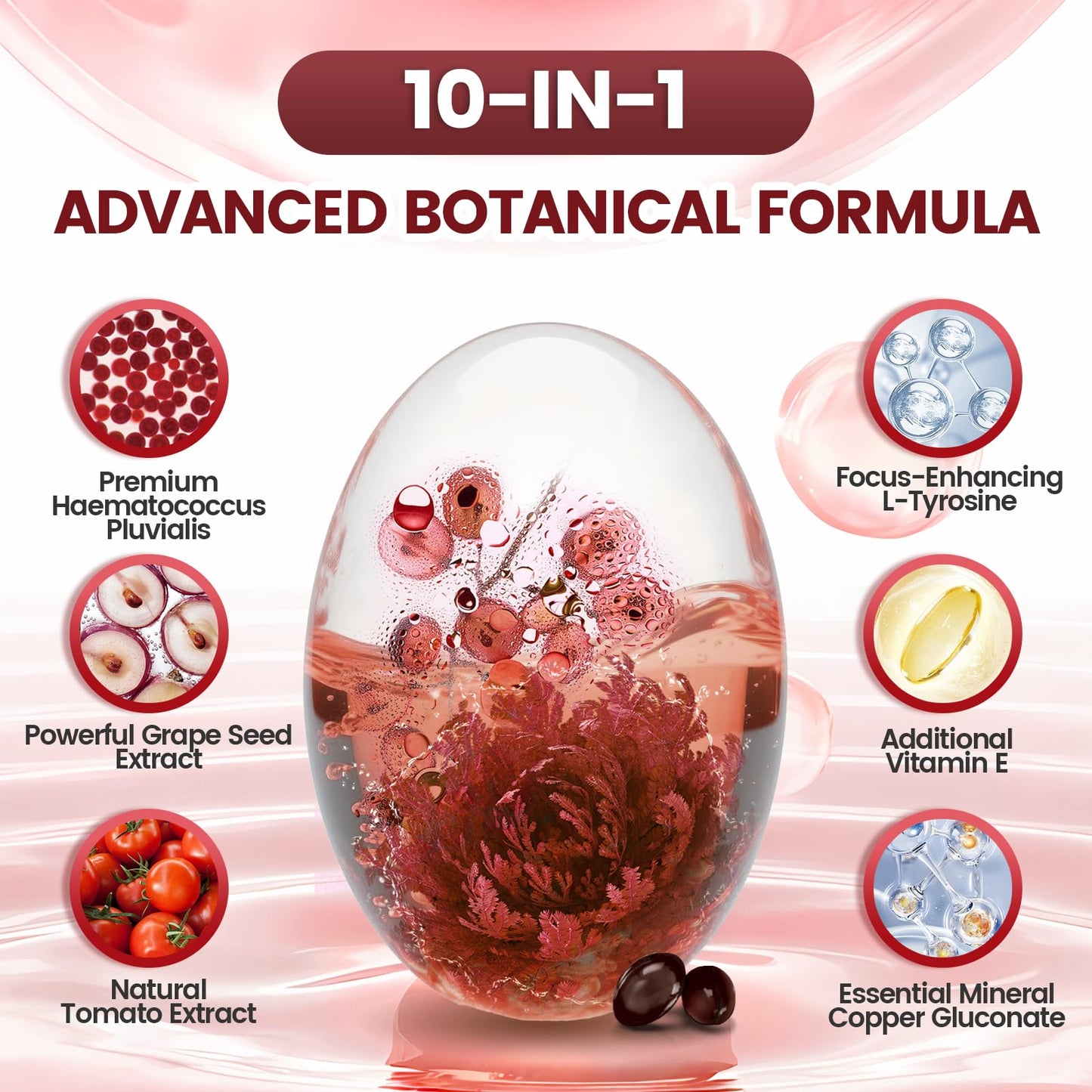 10 in 1 Astaxanthin Supplements 24mg, 4 Month Supply, Astaxantina Antioxidant from Fresh Haematococcus Pluvialis, Contains Lycopene, Grape Seed, Vitamin E - Maple Wellness Supplements