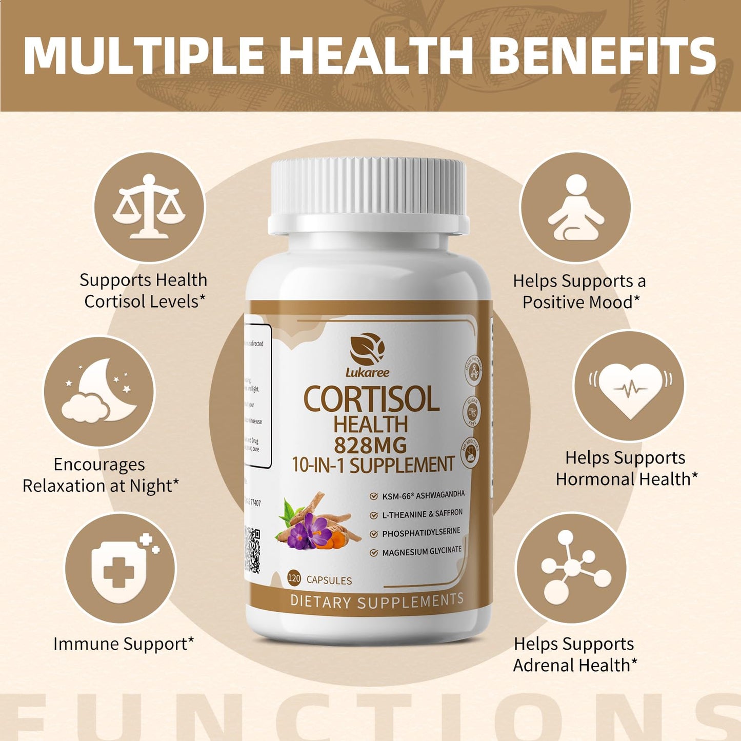 10-IN-1 Cortisol Supplements w/ KSM-66® Ashwagandha 300mg + L-Theanine 250mg, Magnesium Glycinate, Saffron, Phosphatidylserine, Turmeric & Vitamin C D3 B6 B5, For Women Men, 120 Capsules 60-Day Supply - Maple Wellness Supplements