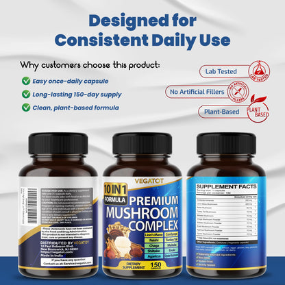 10 in 1 High Strength Mushroom Supplement - Lions Mane, Cordyceps, Reishi - Brain Supplements for Memory and Focus ** 5-Month Supply - Maple Wellness Supplements