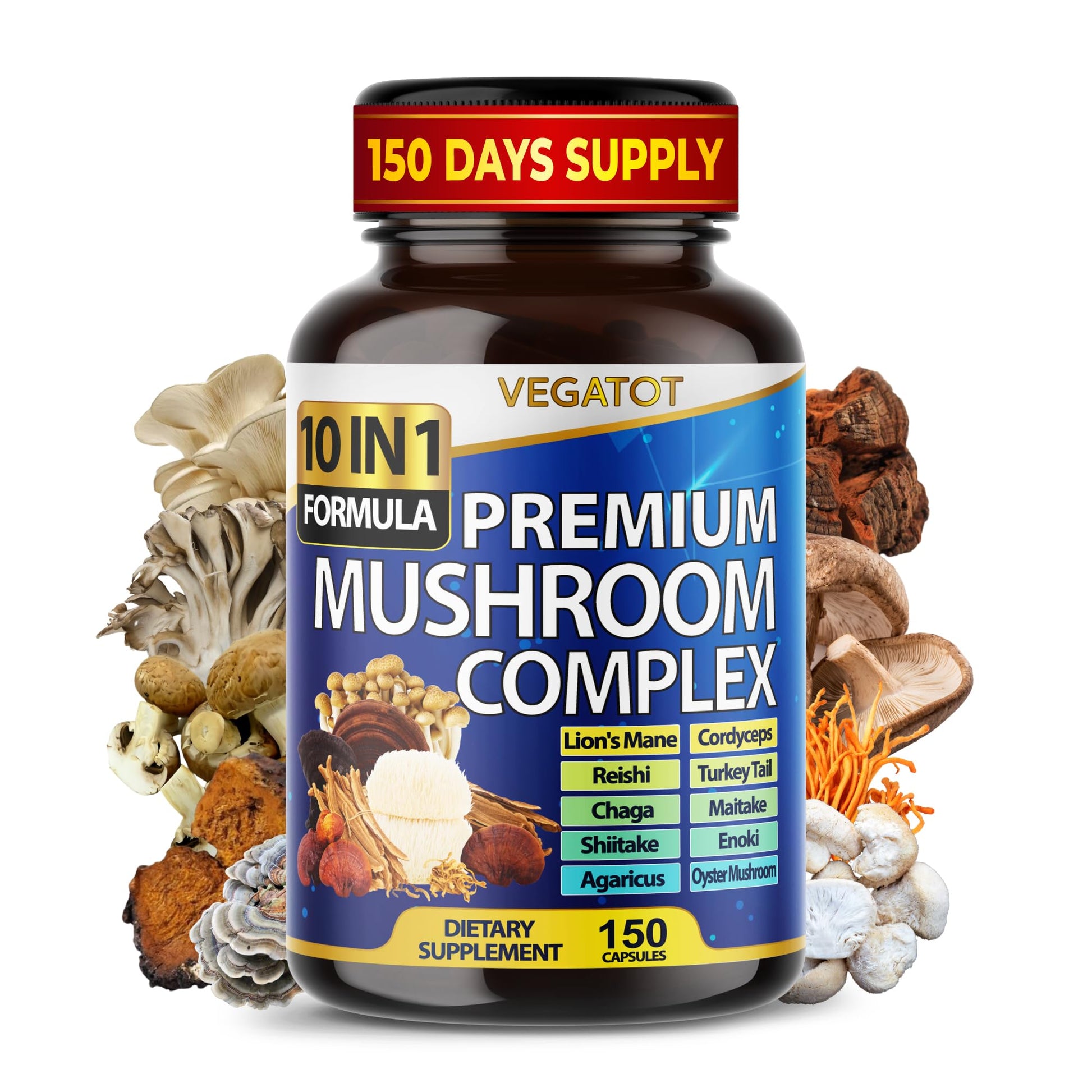 10 in 1 High Strength Mushroom Supplement - Lions Mane, Cordyceps, Reishi - Brain Supplements for Memory and Focus ** 5-Month Supply - Maple Wellness Supplements