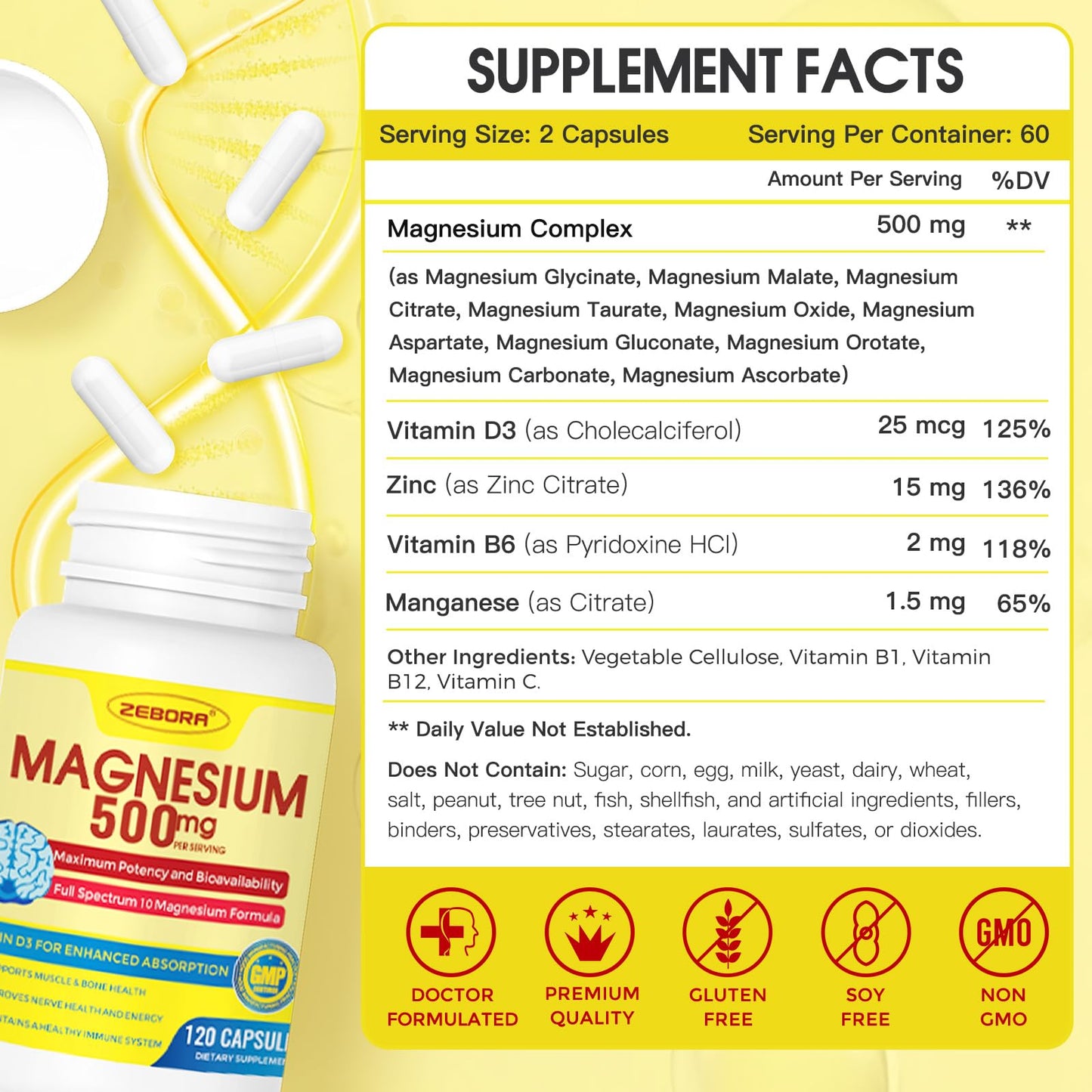 10-in-1 Magnesium Complex Supplement, Magnesium Glycinate 500mg with Citrate & Malate, Chelated High Absorption Plus Vitamin D3 & Zinc - for Nerve, Muscle & Bone Support - 120 Capsules - Maple Wellness Supplements